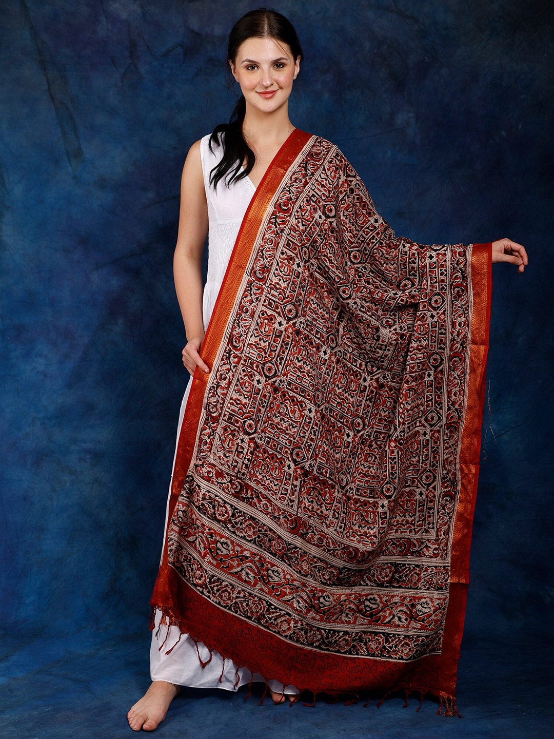 Exotic India Multicolor Block-Printed Kalamkari Dupatta with Zari Woven Border, Orange
Exotic India Multicolor Block-Printed Kalamkari Dupatta with Zari Woven Border, Orange