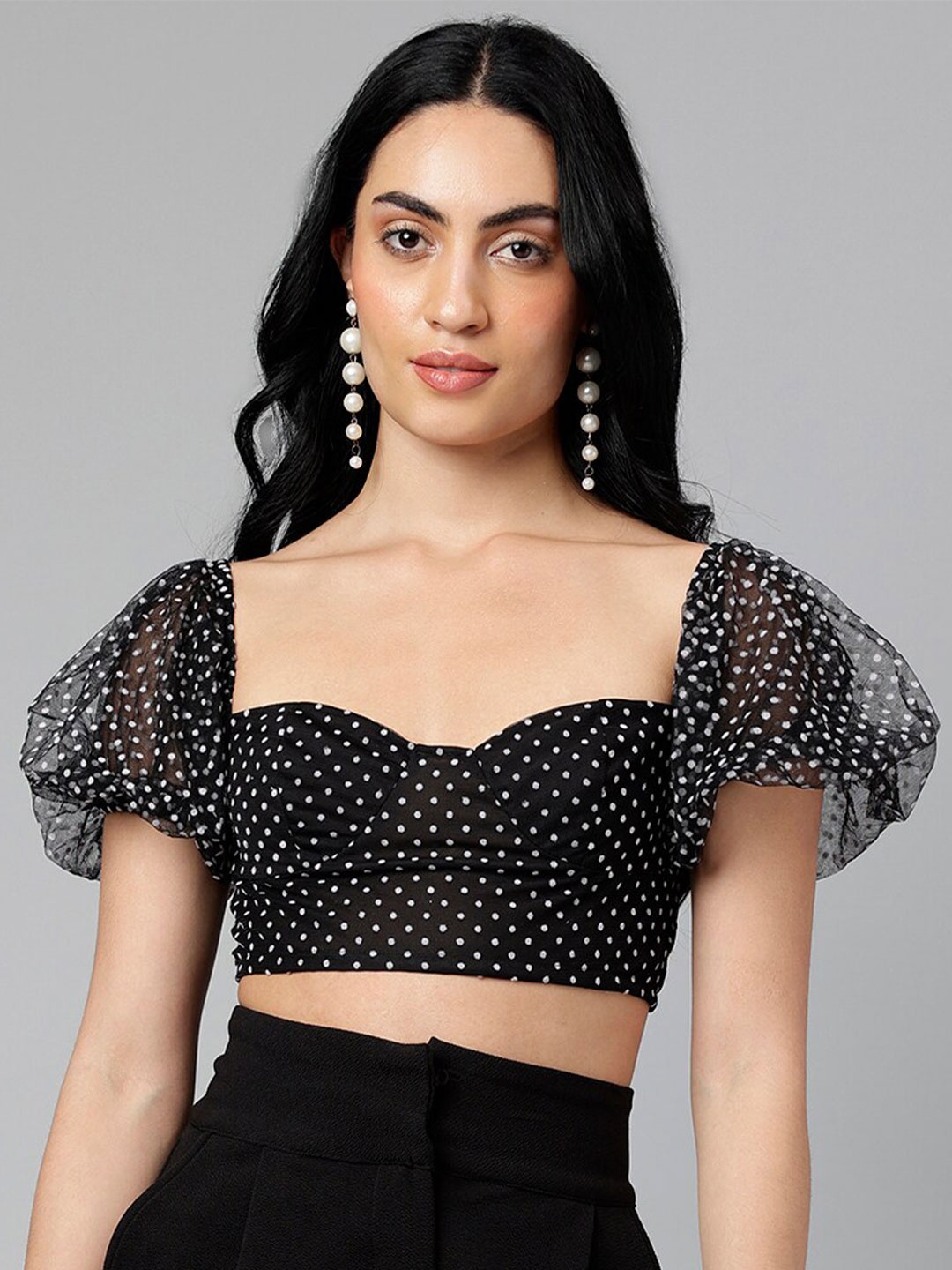 I Love She Polka Dot Print Sweetheart Neck Short Puff Sleeve Cotton Net Crop Top, Black
I Love She Polka Dot Print Sweetheart Neck Short Puff Sleeve Cotton Net Crop Top, Black