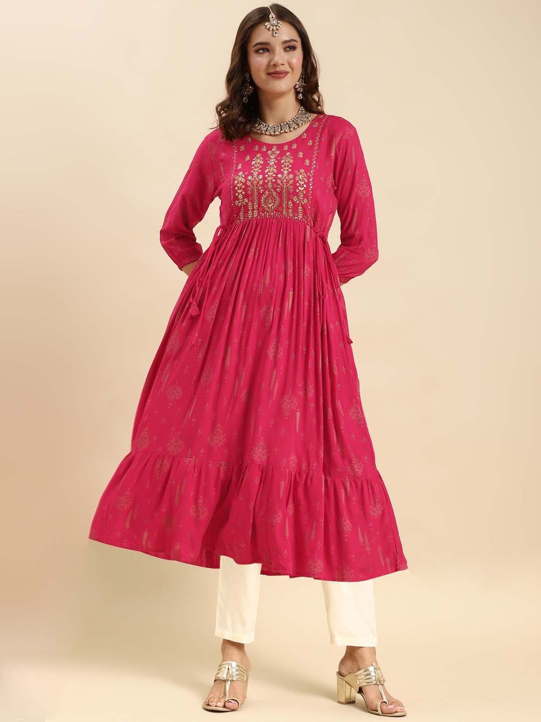 Rangita Ethnic Motifs Embroidered Beads and Stones Anarkali Kurta with Trousers, Pink
Rangita Ethnic Motifs Embroidered Beads and Stones Anarkali Kurta with Trousers, Pink