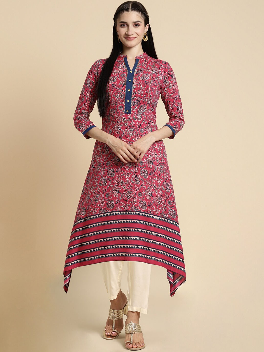 Rangita Ethnic Motifs Printed Mandarin Collar Gotta Patti A-Line Kurta with Trousers, Pink
Rangita Ethnic Motifs Printed Mandarin Collar Gotta Patti A-Line Kurta with Trousers, Pink