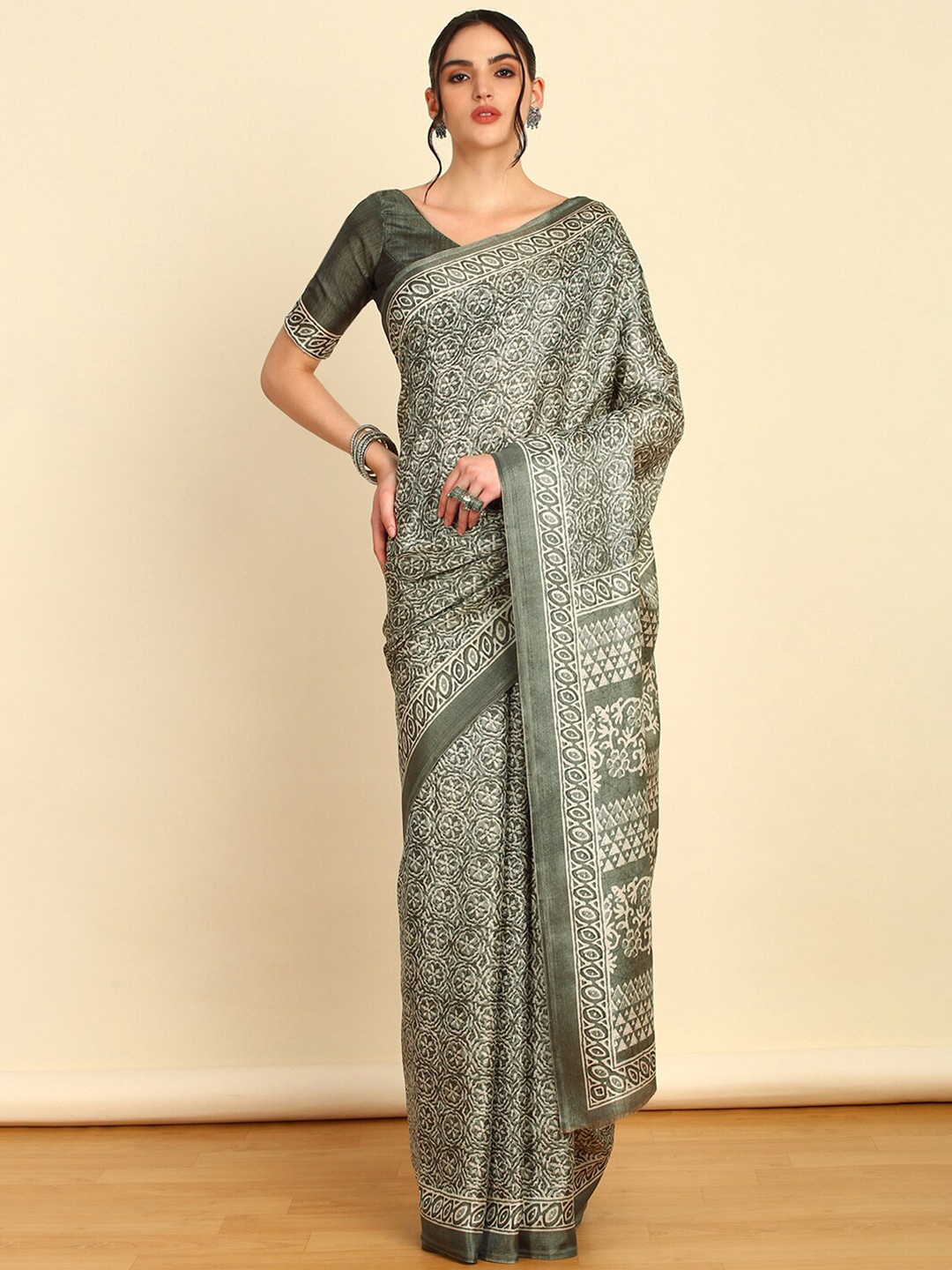 Soch Floral Art Silk Saree, Grey
