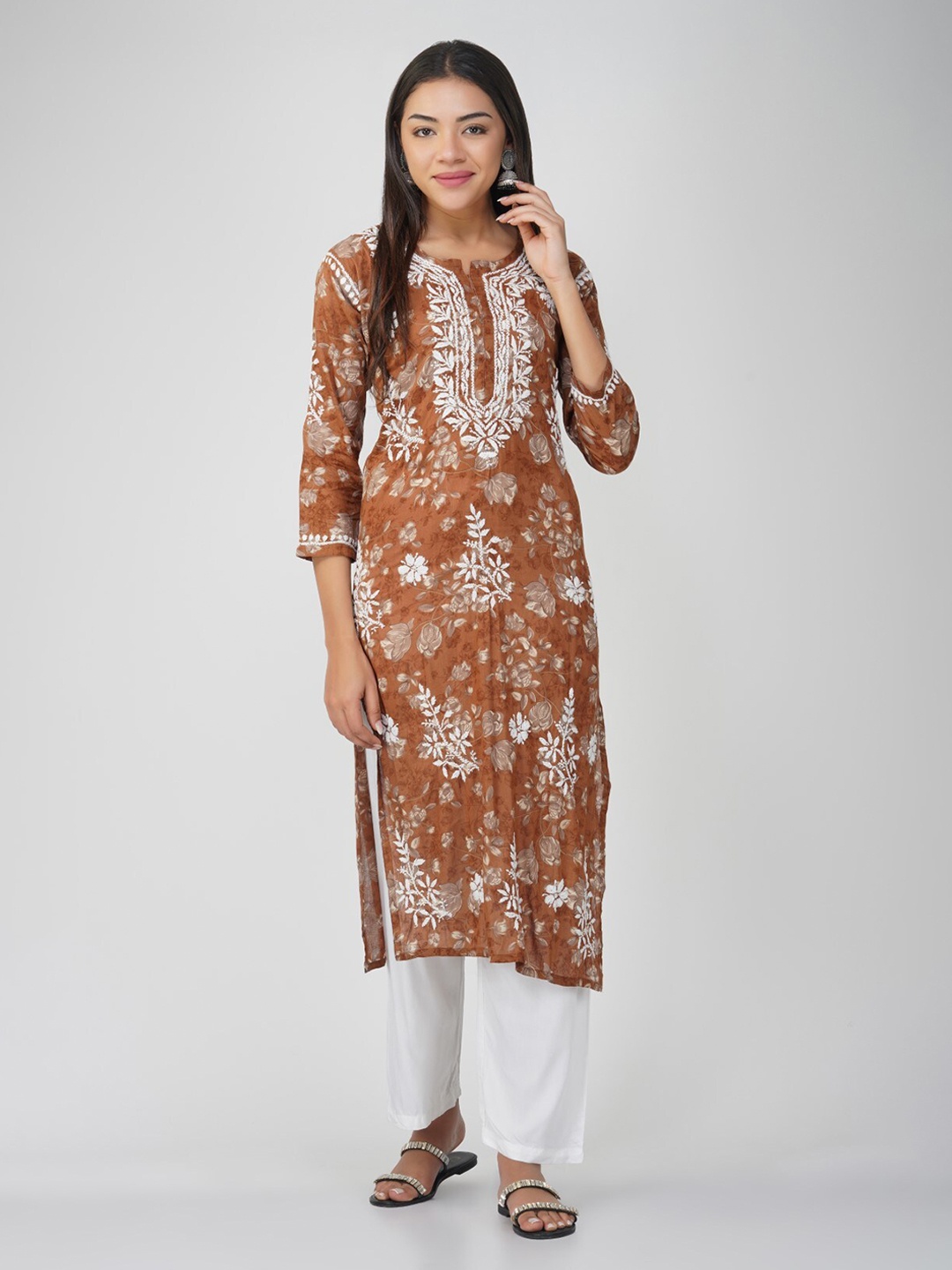 THE VASILIKI Round Neck Floral Embroidered Chikankari Floral Cotton Straight Kurta, Brown
THE VASILIKI Round Neck Floral Embroidered Chikankari Floral Cotton Straight Kurta, Brown