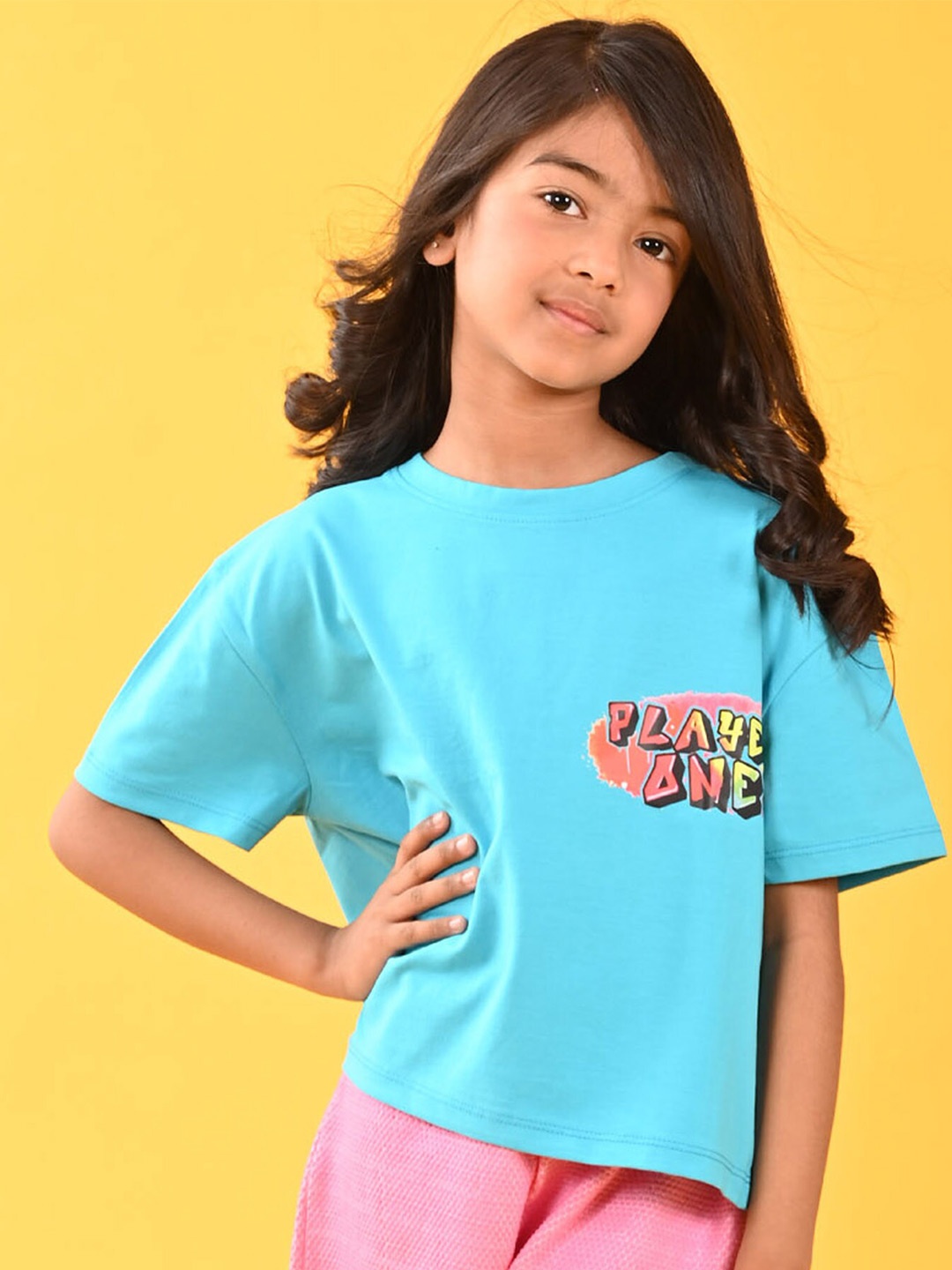 Anthrilo Girls Typography Printed Drop-Shoulder Sleeves Pure Cotton T-shirt, Blue
Anthrilo Girls Typography Printed Drop-Shoulder Sleeves Pure Cotton T-shirt, Blue