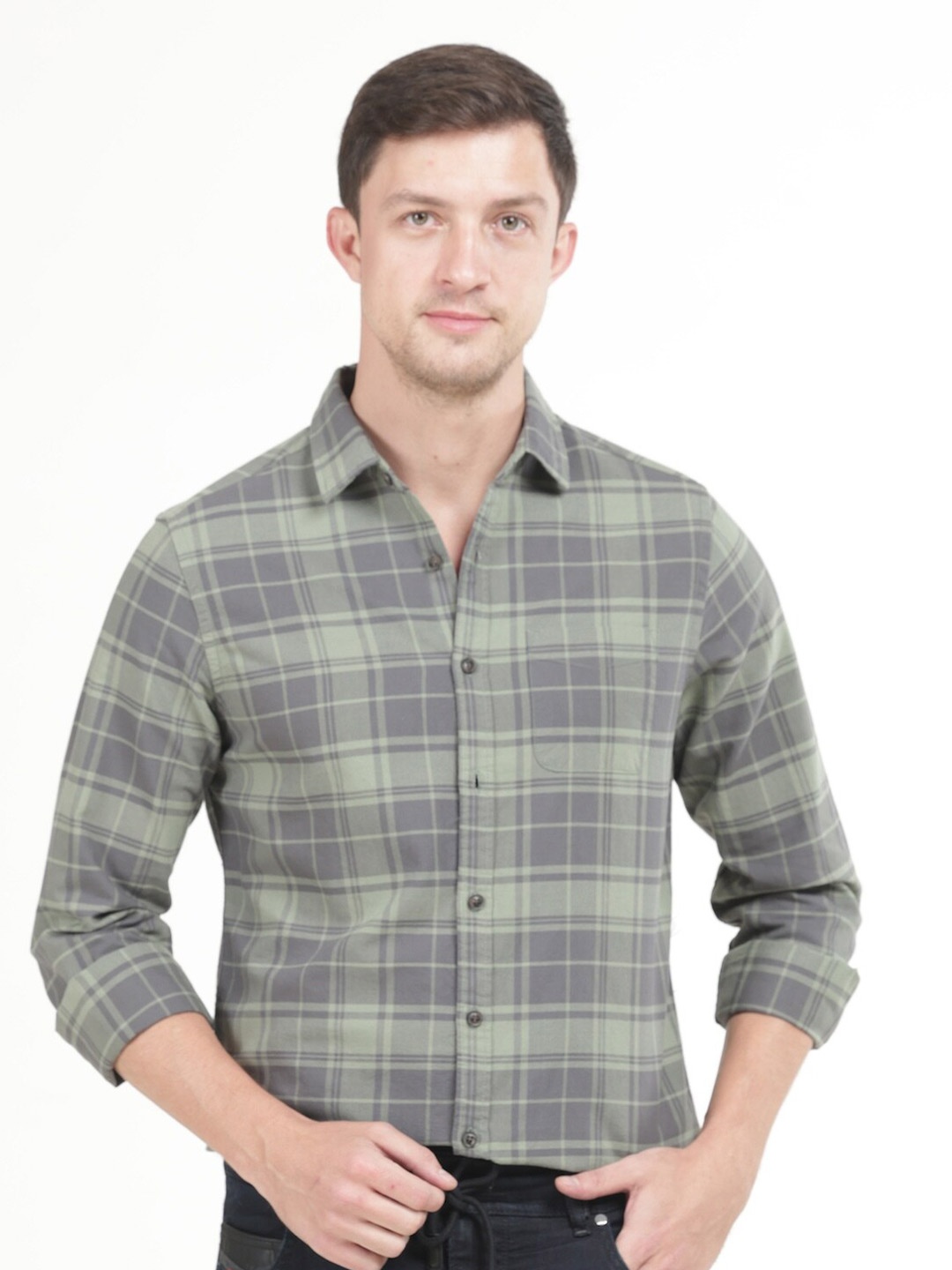 POE Checked Printed Spread Collar Cotton Slim Fit Casual Shirt, Green