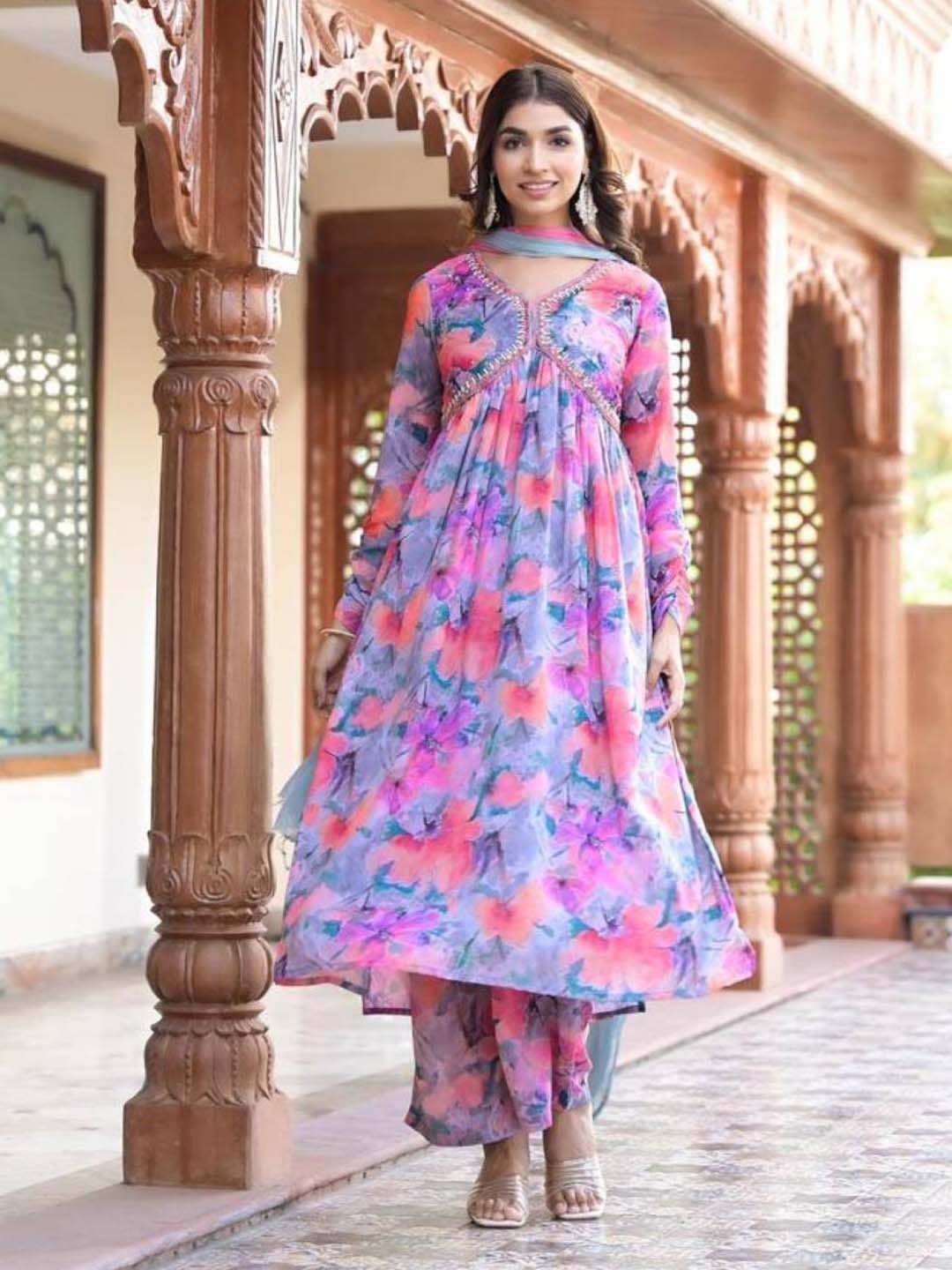 Mitera Floral Empire Mirror Work Silk Georgette A-Line Kurta with Trousers & Dupatta, Pink
Mitera Floral Empire Mirror Work Silk Georgette A-Line Kurta with Trousers & Dupatta, Pink
