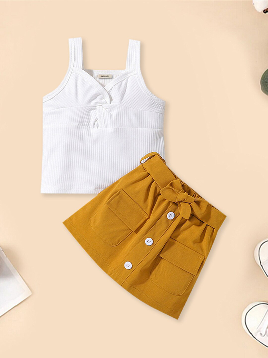 INCLUD Girls Self Design Shoulder Straps Top With Skirt, White 
INCLUD Girls Self Design Shoulder Straps Top With Skirt, White