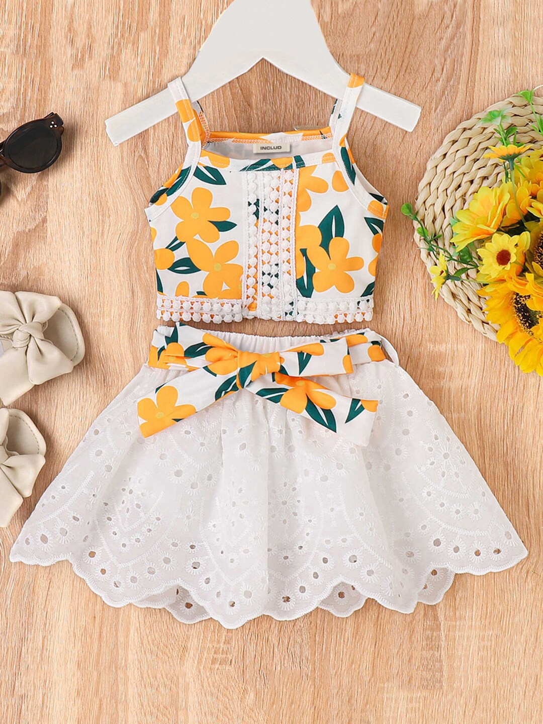 INCLUD Girls Floral Printed Shoulder Straps Top with Schiffli Skirt Set, Yellow
INCLUD Girls Floral Printed Shoulder Straps Top with Schiffli Skirt Set, Yellow