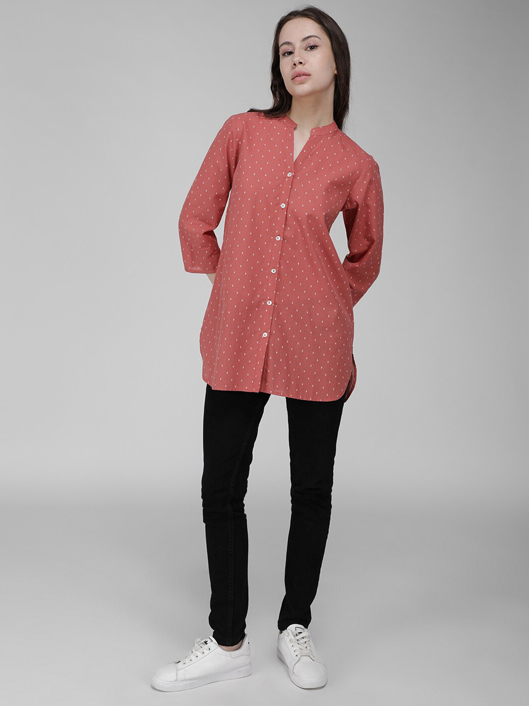 IDK Polka Dots Printed Mandarin Collar Shirt Style Top, Peach
IDK Polka Dots Printed Mandarin Collar Shirt Style Top, Peach