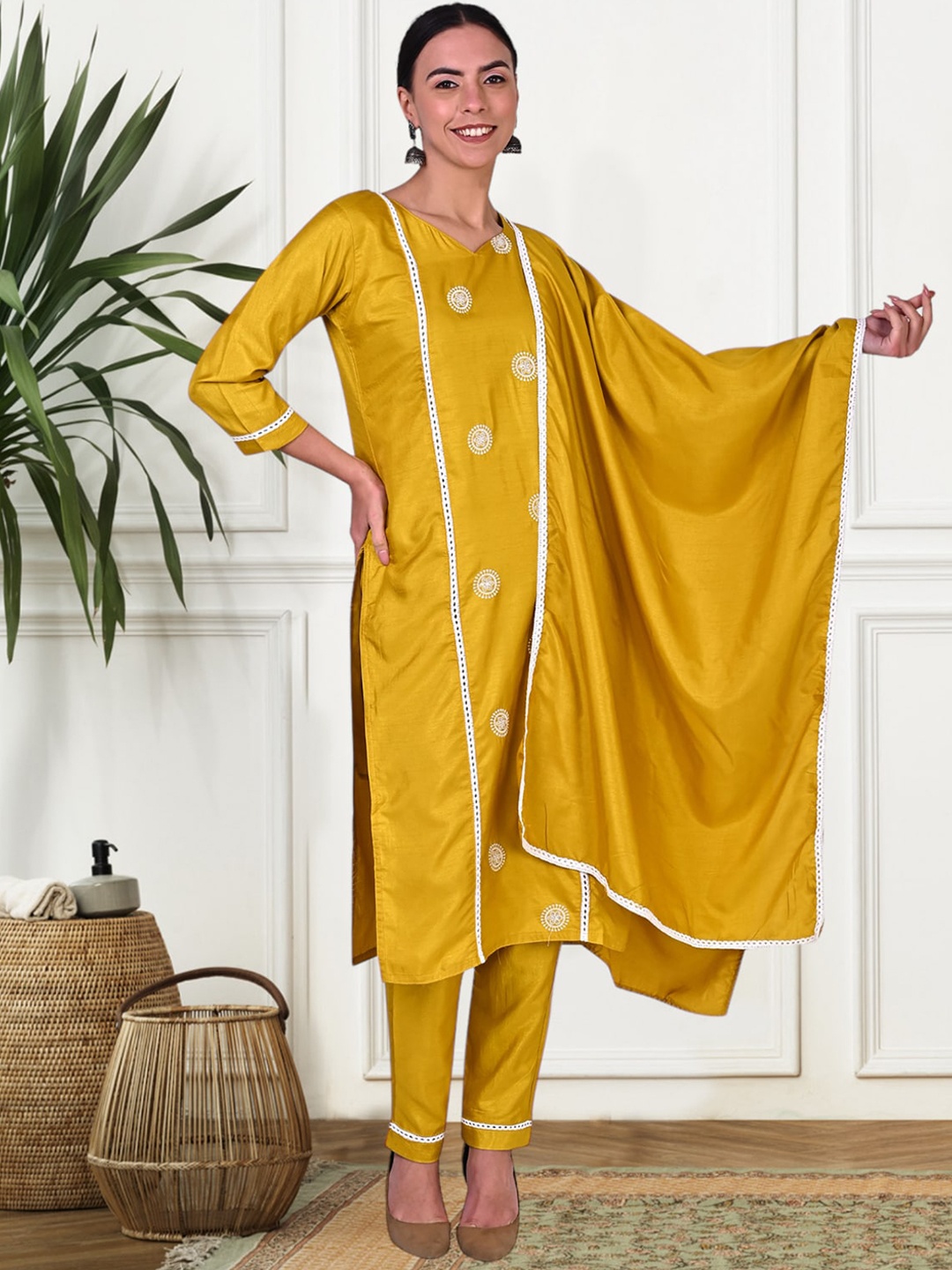KALINI Floral Embroidered Regular Silk Chiffon Kurta with Trousers & Dupatta, Yellow
KALINI Floral Embroidered Regular Silk Chiffon Kurta with Trousers & Dupatta, Yellow