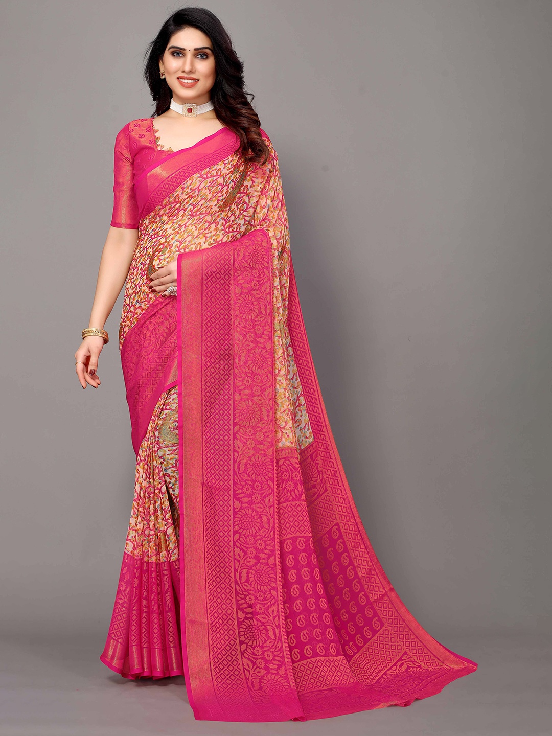 HALFSAREE STUDIO Floral Printed Saree, Pink