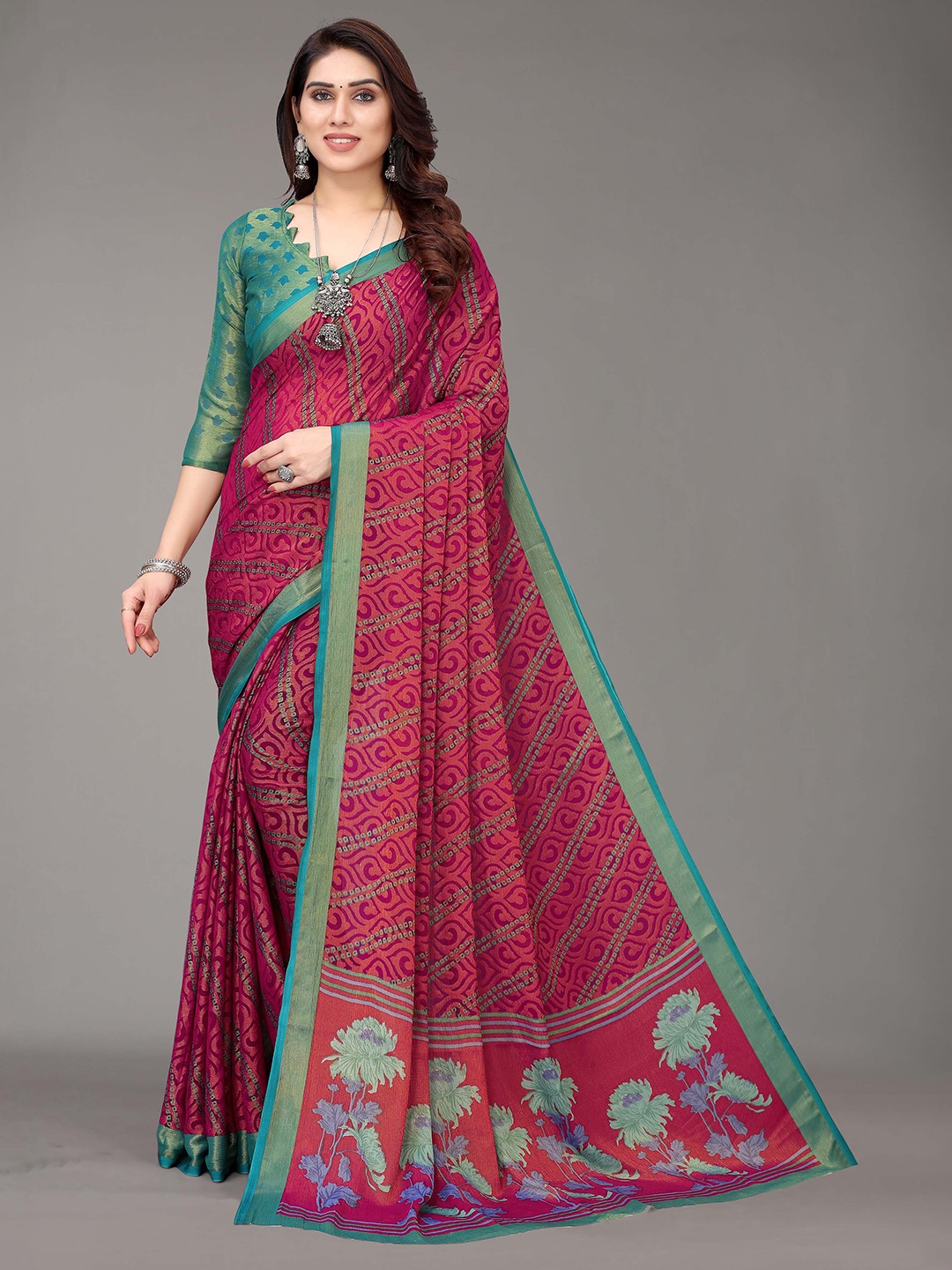 HALFSAREE STUDIO Floral Printed Zari Saree, Magenta