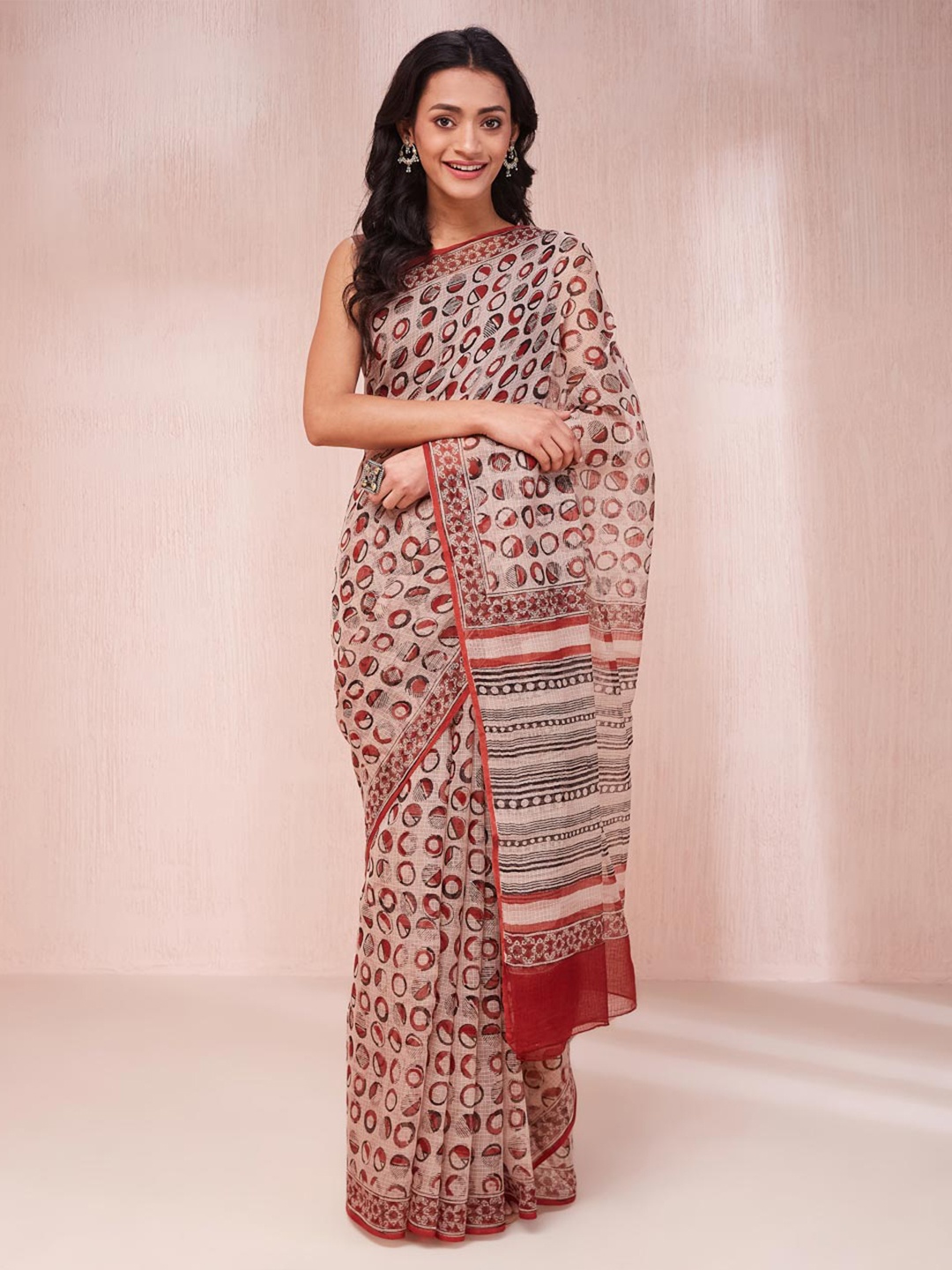 Fabindia Geometric Printed Silk Cotton Block Print Saree, Beige