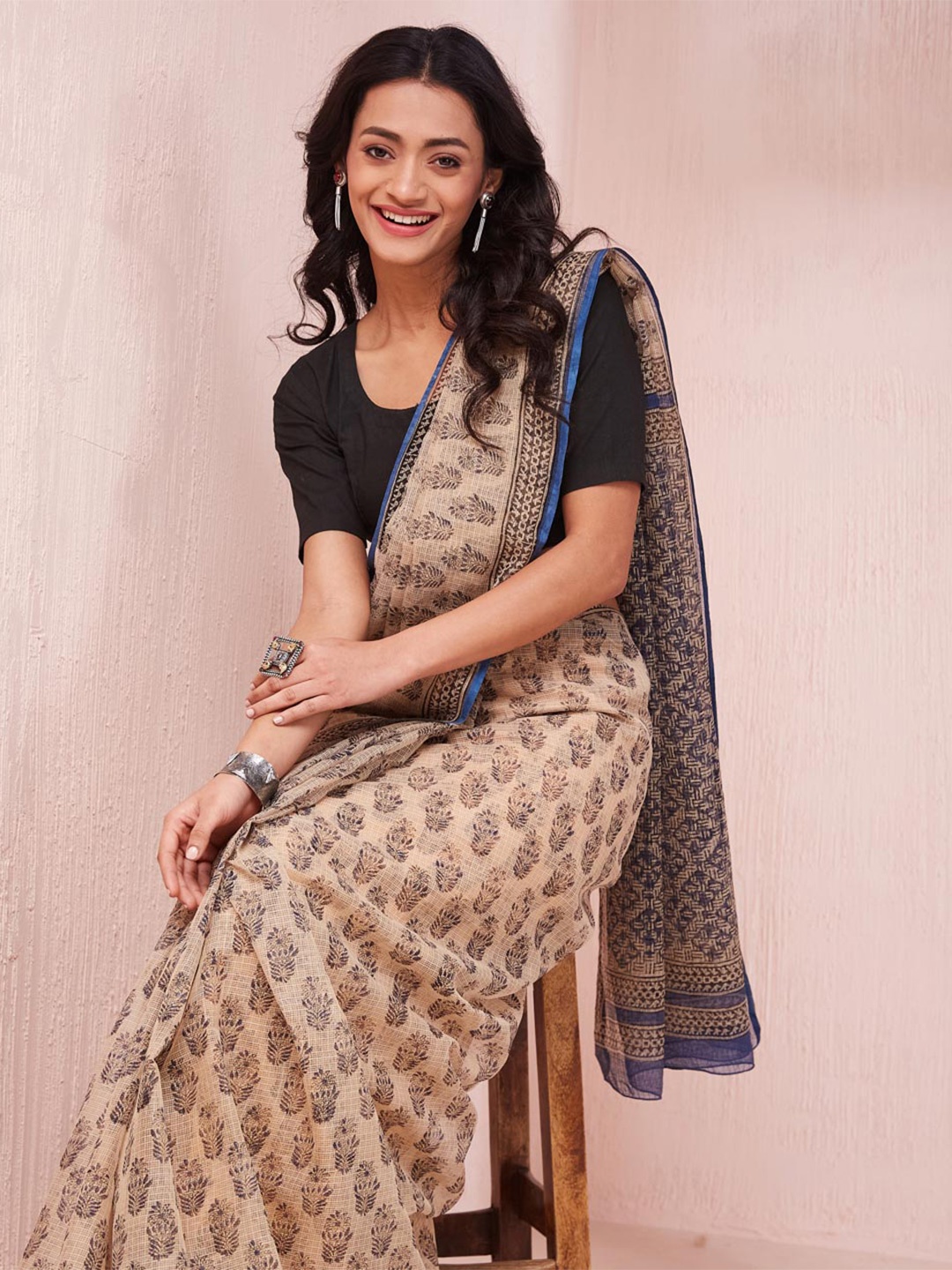 Fabindia Bagru Printed Silk Cotton Saree, Blue