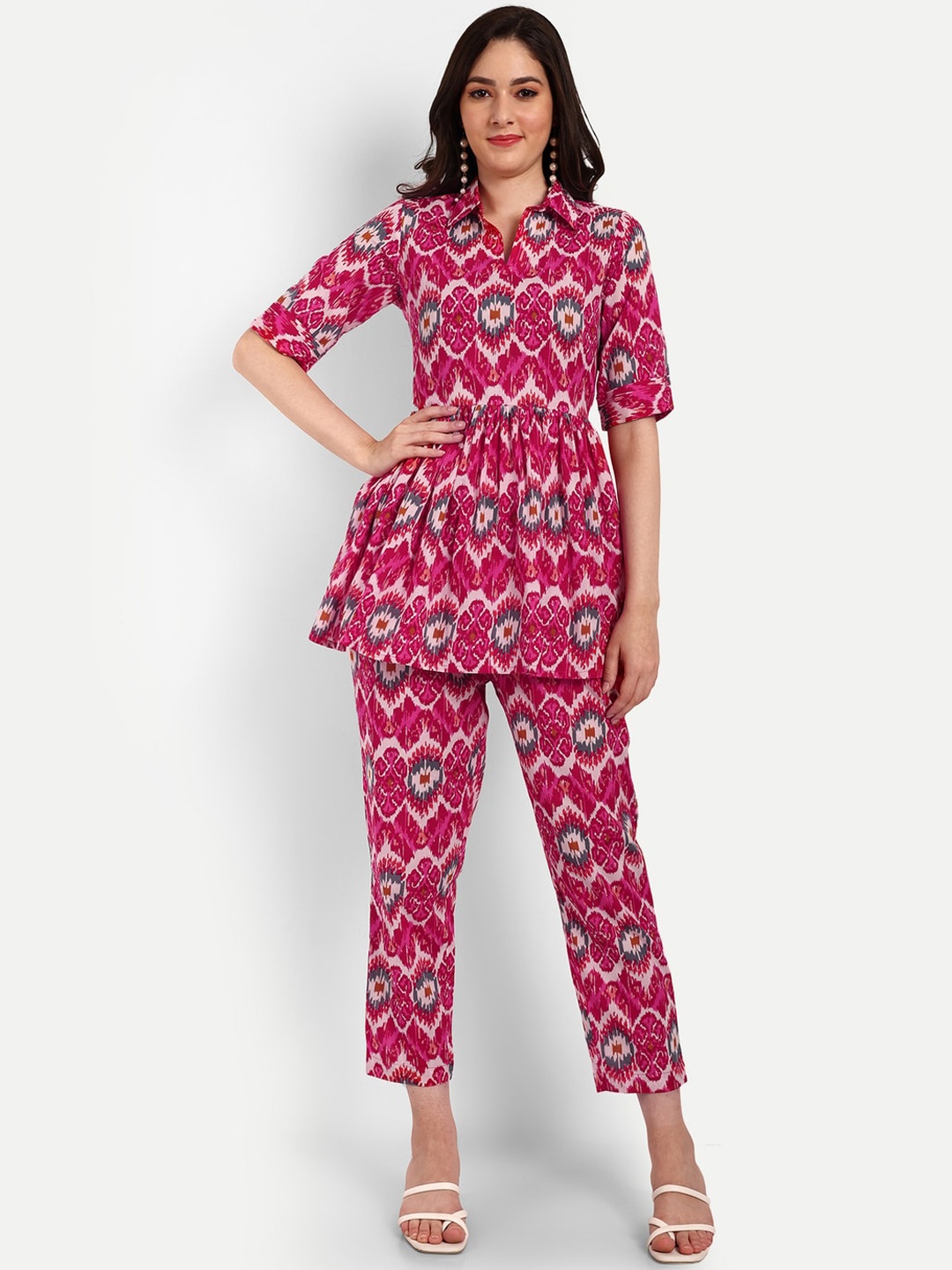 ROOPWATI FASHION Ethnic Motifs Printed Pure Cotton Shirt Collar Top & Flared Trouser, Pink
ROOPWATI FASHION Ethnic Motifs Printed Pure Cotton Shirt Collar Top & Flared Trouser, Pink