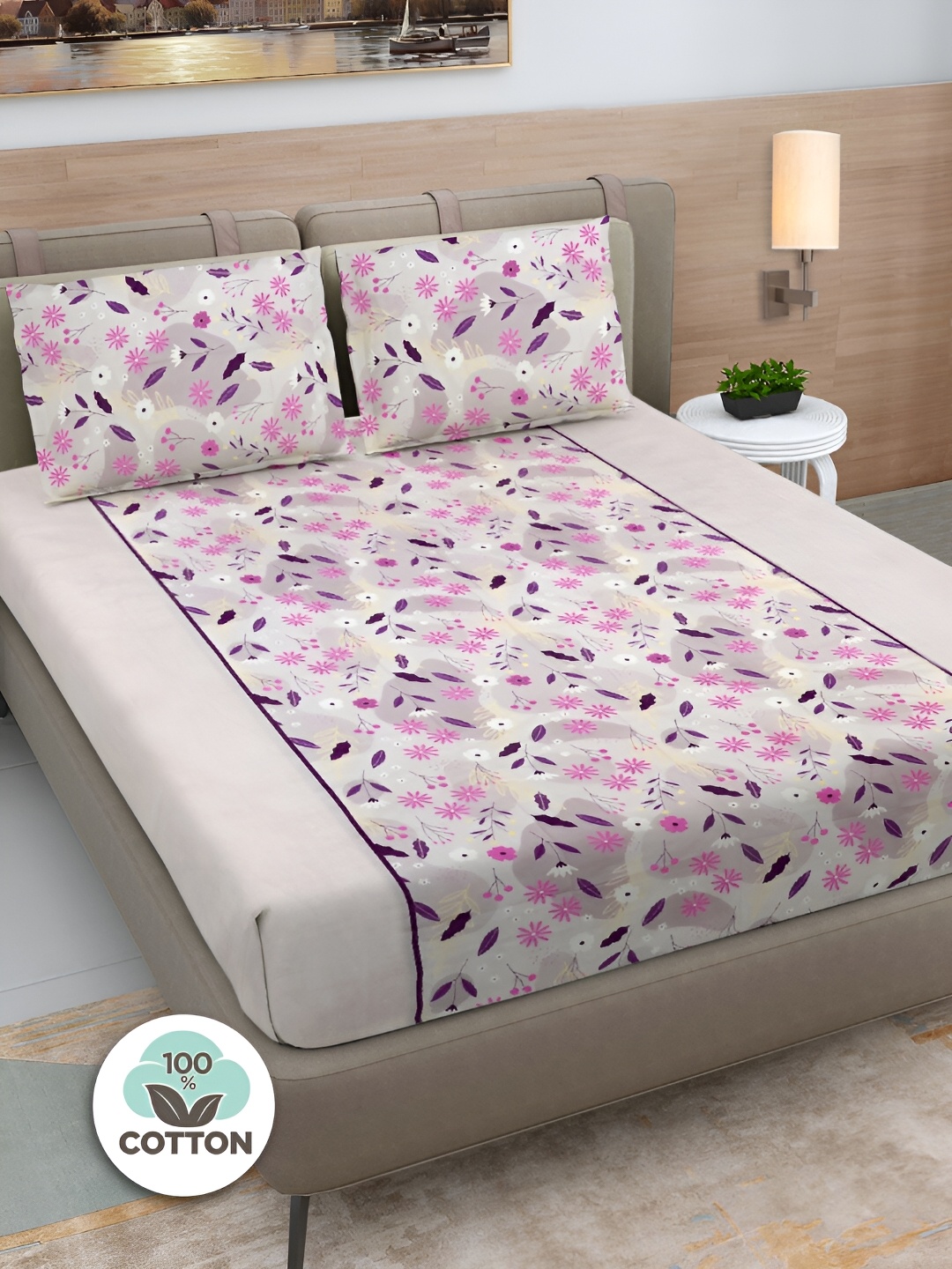 FABINALIV Pink & Purple Floral Print Cotton Super King Size Bedsheet & 2 Pillow Covers
FABINALIV Pink & Purple Floral Print Cotton Super King Size Bedsheet & 2 Pillow Covers