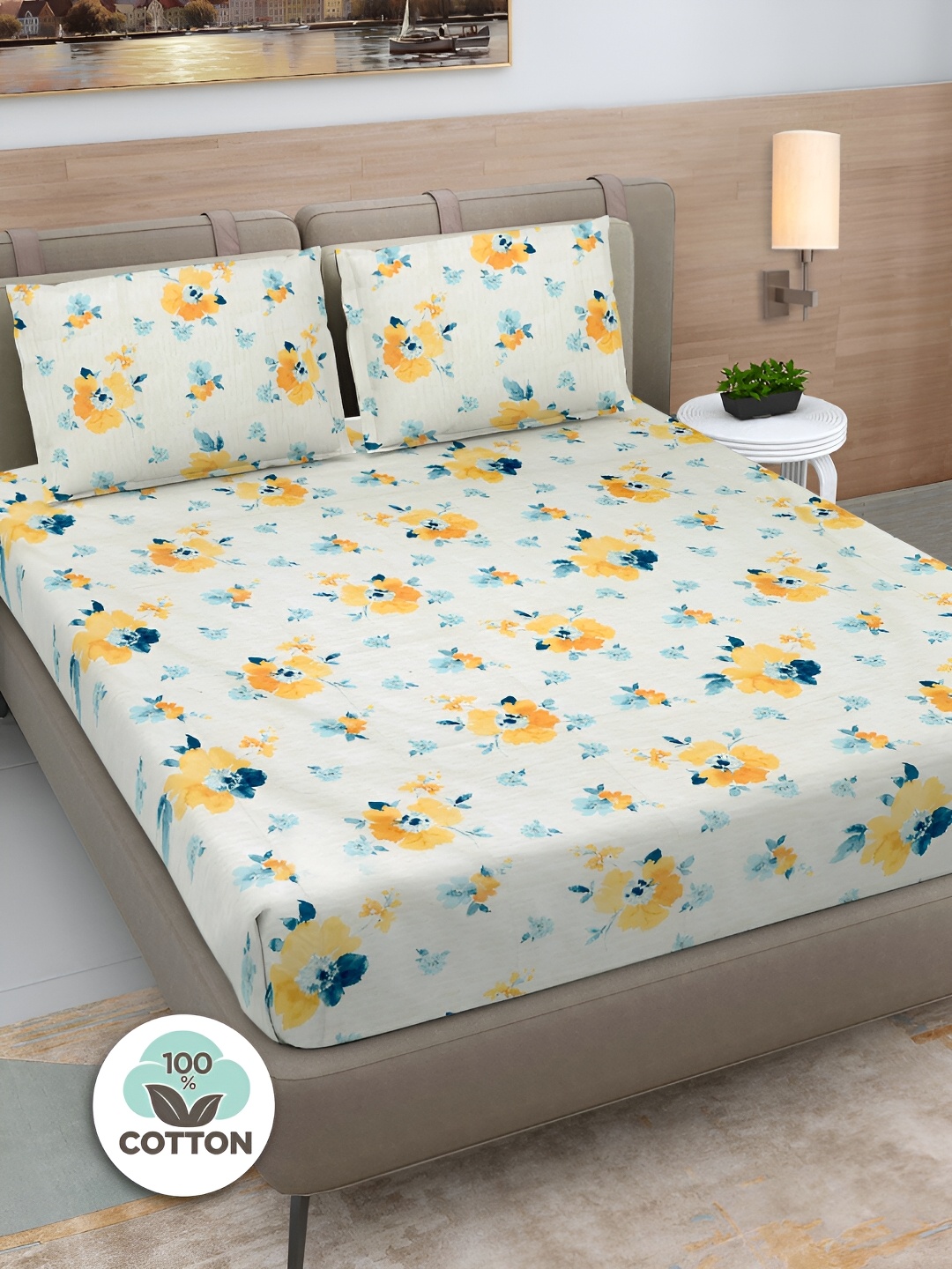 FABINALIV White & Yellow Floral Print Cotton Super King Size Bedsheet & 2 Pillow Covers
FABINALIV White & Yellow Floral Print Cotton Super King Size Bedsheet & 2 Pillow Covers
