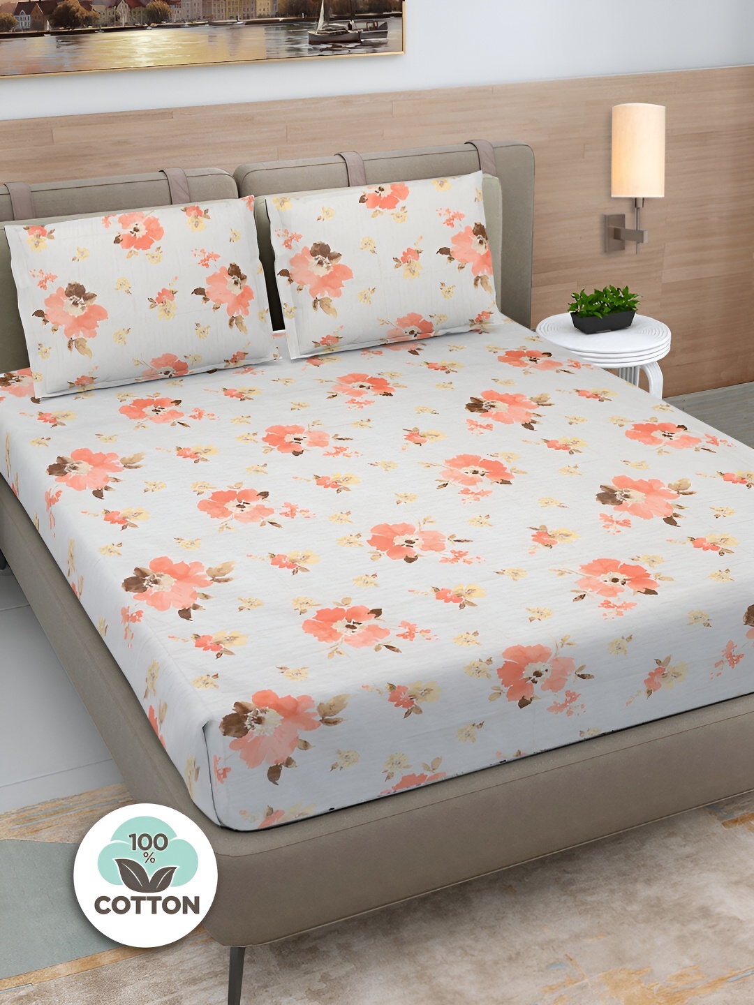 FABINALIV White & Orange Floral Print Cotton Super King Size Bedsheet & 2 Pillow Covers
FABINALIV White & Orange Floral Print Cotton Super King Size Bedsheet & 2 Pillow Covers