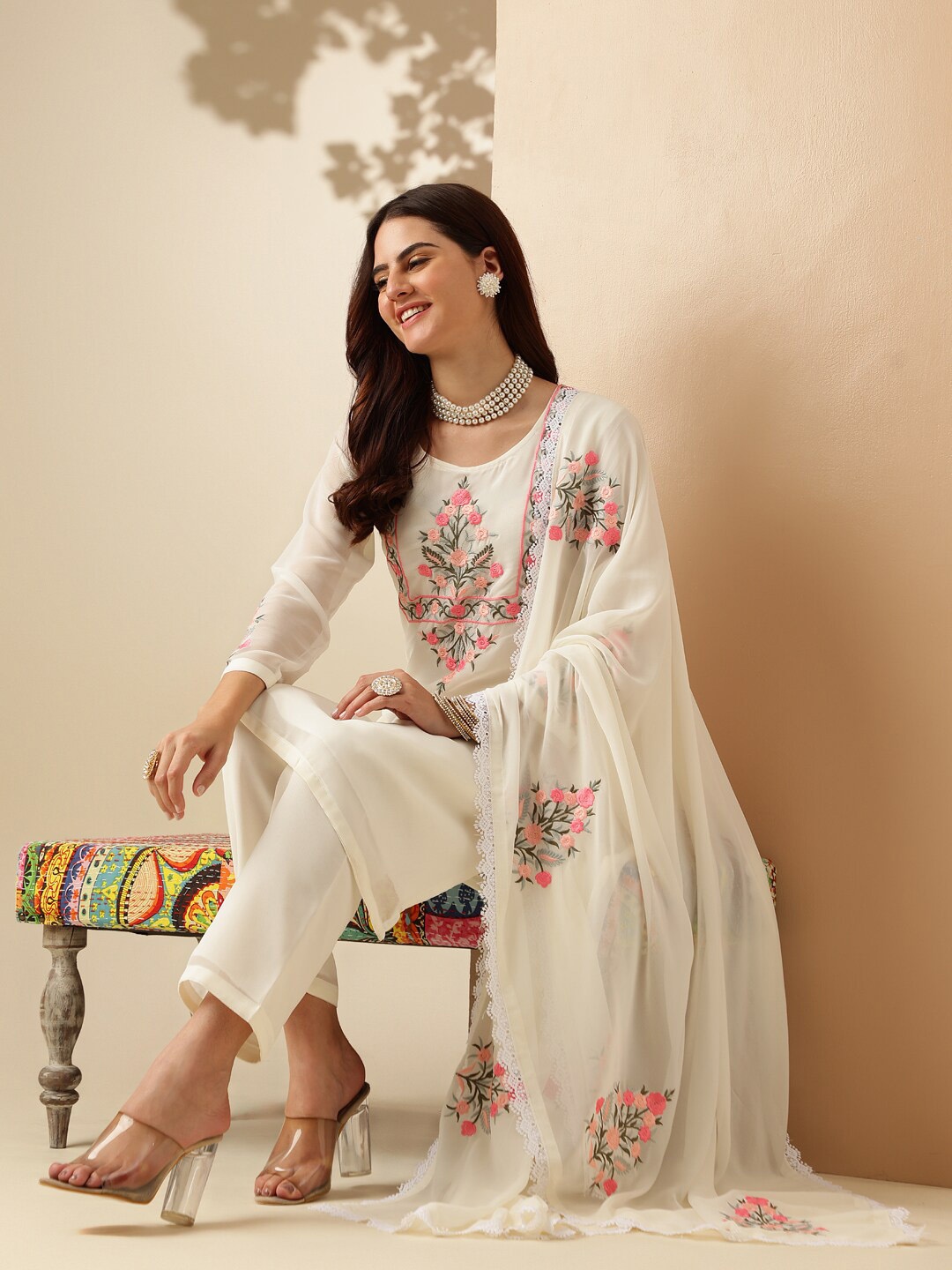 Anouk Floral Yoke Design Regular Thread Work Kurta With Palazzos & Dupatta, Off white
Anouk Floral Yoke Design Regular Thread Work Kurta With Palazzos & Dupatta, Off white
