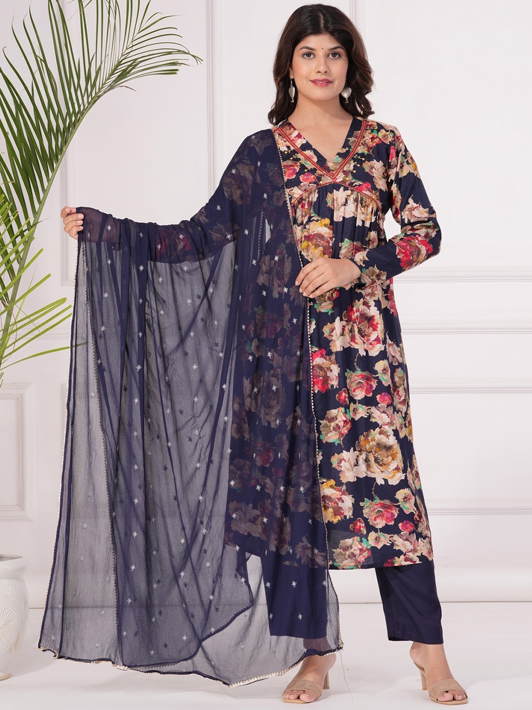 KALINI Ethnic Motifs Yoke Design Beads and Stones Pure Silk Kurta with Trousers & Dupatta, Blue