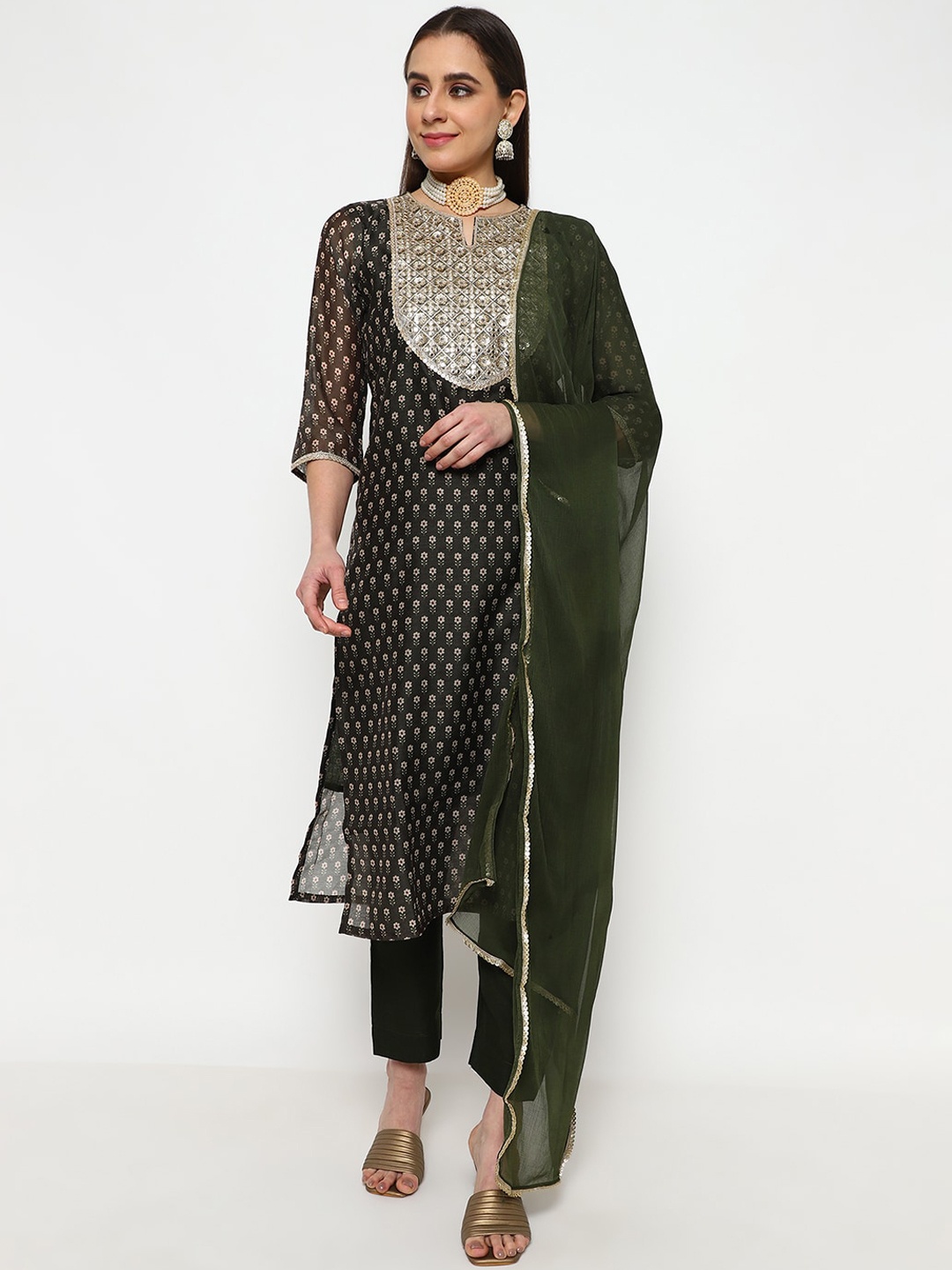 KALINI Women Floral Embroidered Regular Sequinned Kurta with Trousers & With Dupatta, Green
KALINI Women Floral Embroidered Regular Sequinned Kurta with Trousers & With Dupatta, Green