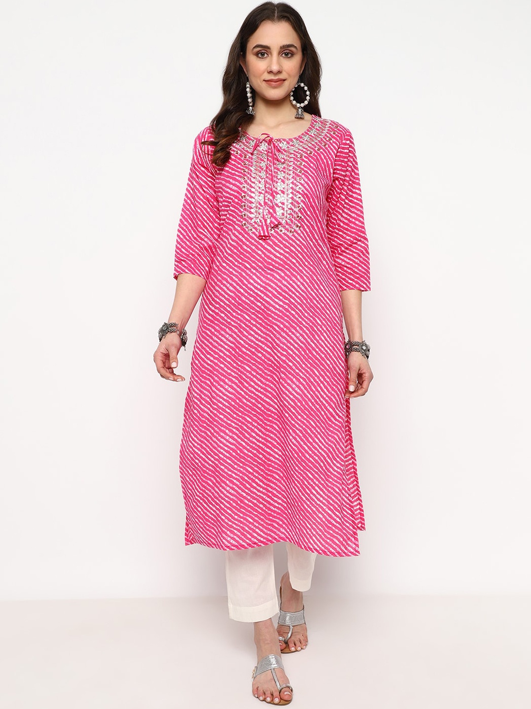 KALINI Women Leheriya Embroidered Regular Patchwork Pure Cotton Kurta with Trousers, Pink
KALINI Women Leheriya Embroidered Regular Patchwork Pure Cotton Kurta with Trousers, Pink