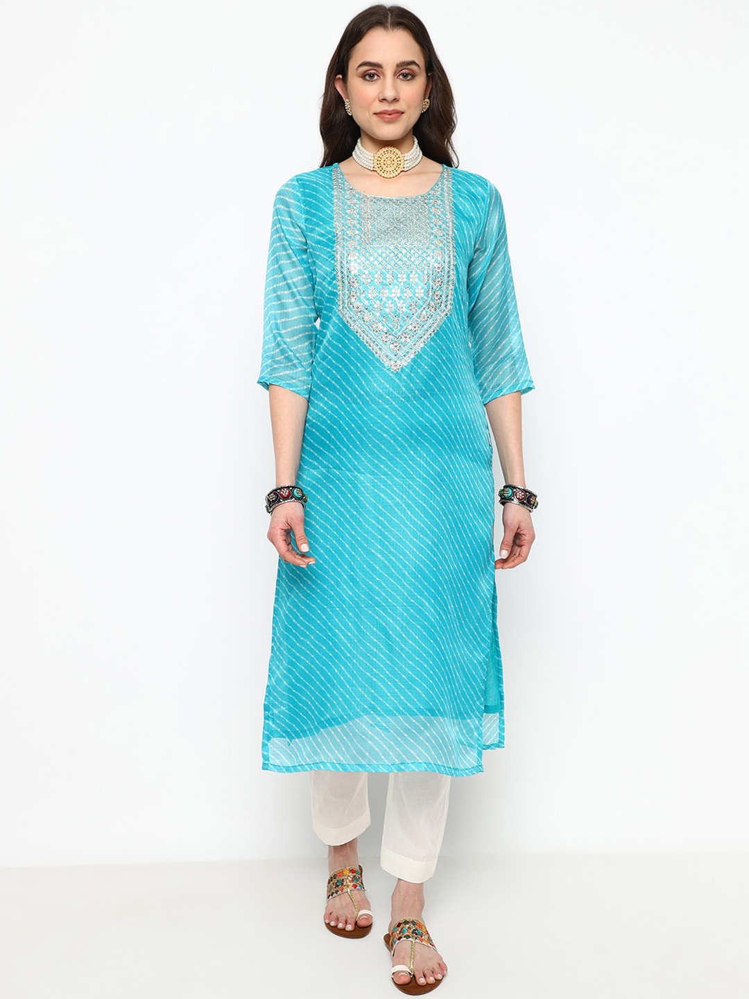 KALINI Women Leheriya Embroidered Regular Patchwork Kurta with Trousers, Turquoise blue
KALINI Women Leheriya Embroidered Regular Patchwork Kurta with Trousers, Turquoise blue