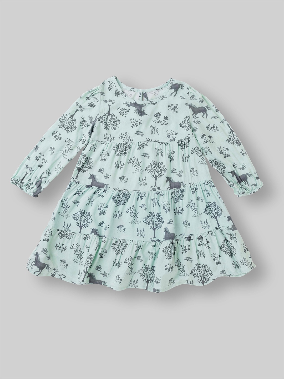 AMPED Girls Floral Print Empire Dress, Sea green