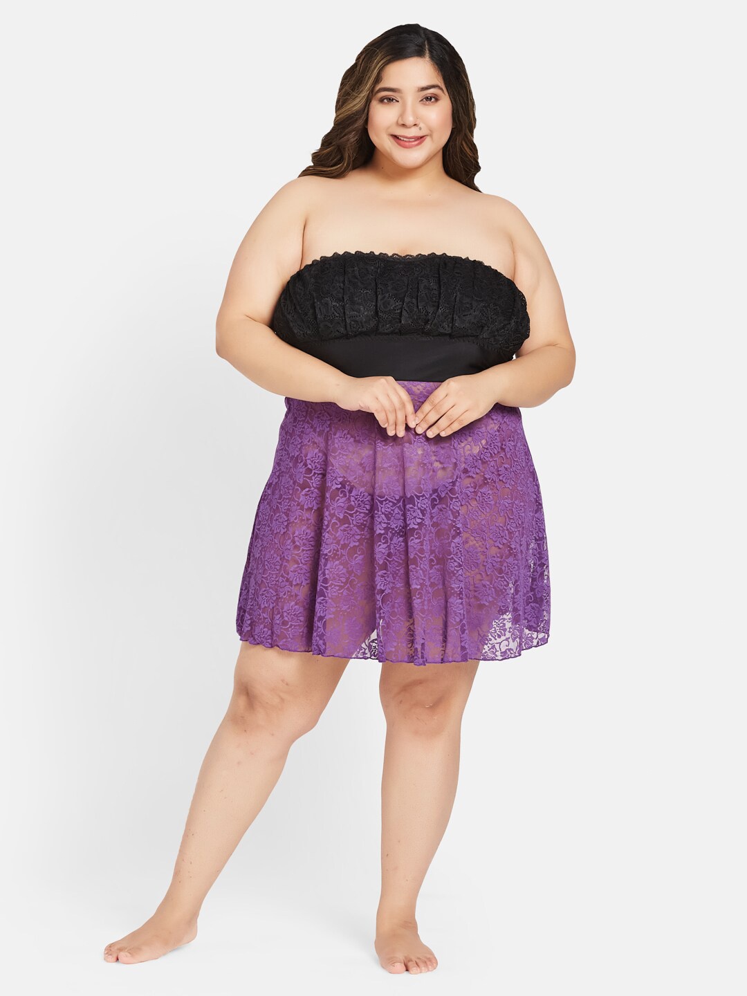Curves By ZeroKaata Plus Size Self Design Strapless Baby Doll with Thong Briefs, Purple
Curves By ZeroKaata Plus Size Self Design Strapless Baby Doll with Thong Briefs, Purple