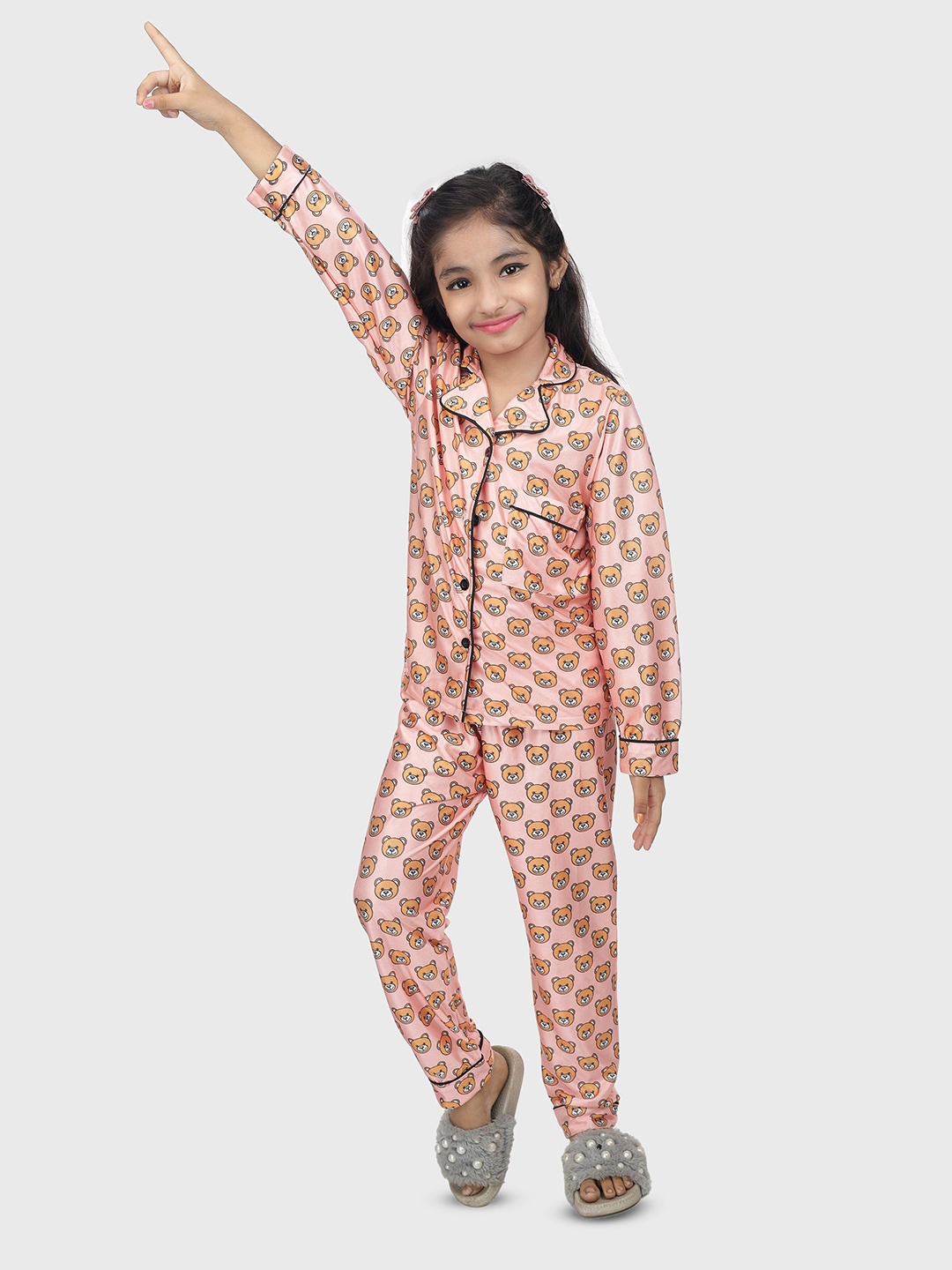 BAESD Kids Printed Satin Night Suits, Pink