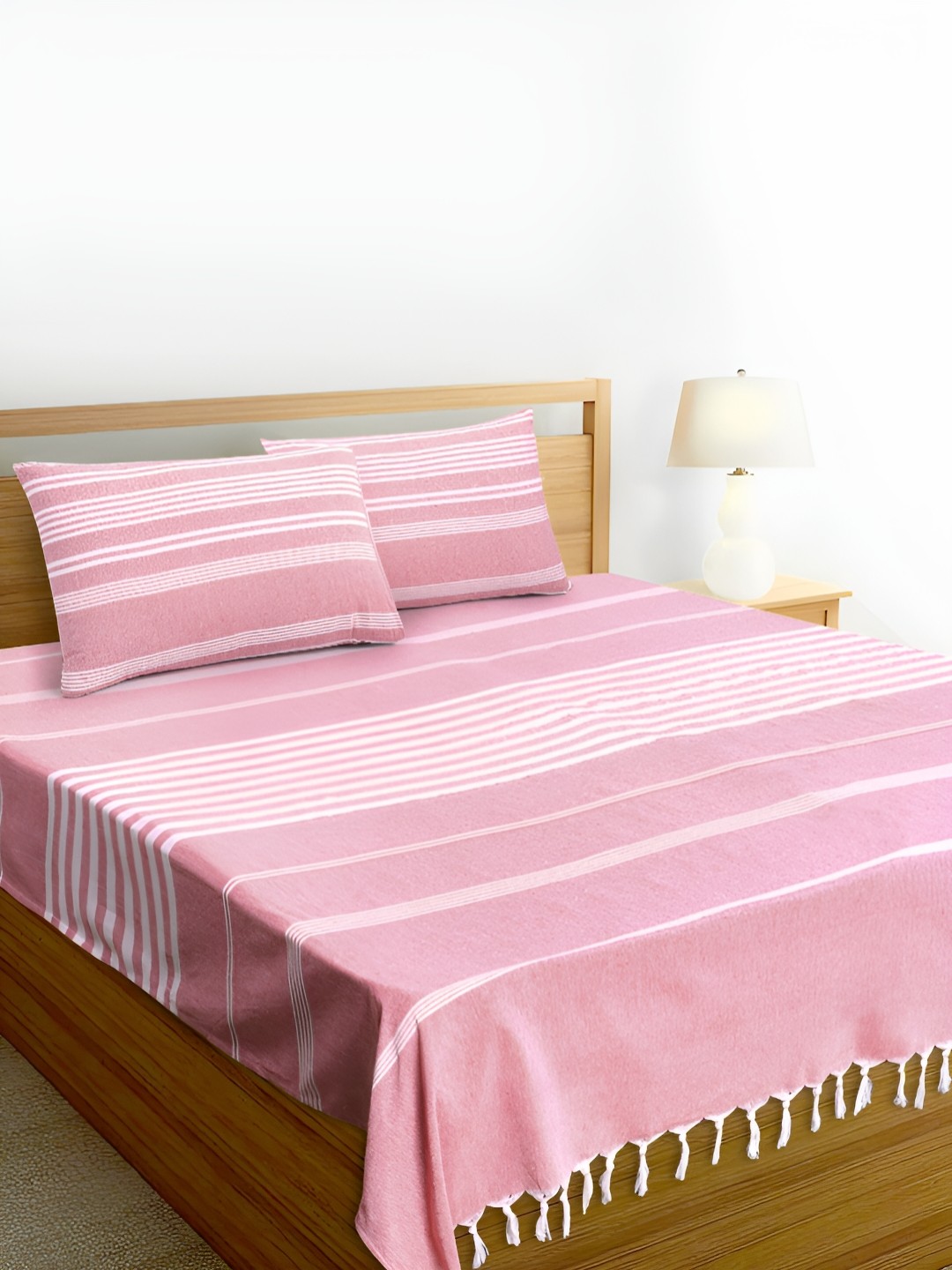 Aura Pink & White Striped Pure Handloom Cotton with Tassels Thick Yarn 180 TC King Bedsheet with 2 Pillow Covers Set
Aura Pink & White Striped Pure Handloom Cotton with Tassels Thick Yarn 180 TC King Bedsheet with 2 Pillow Covers Set