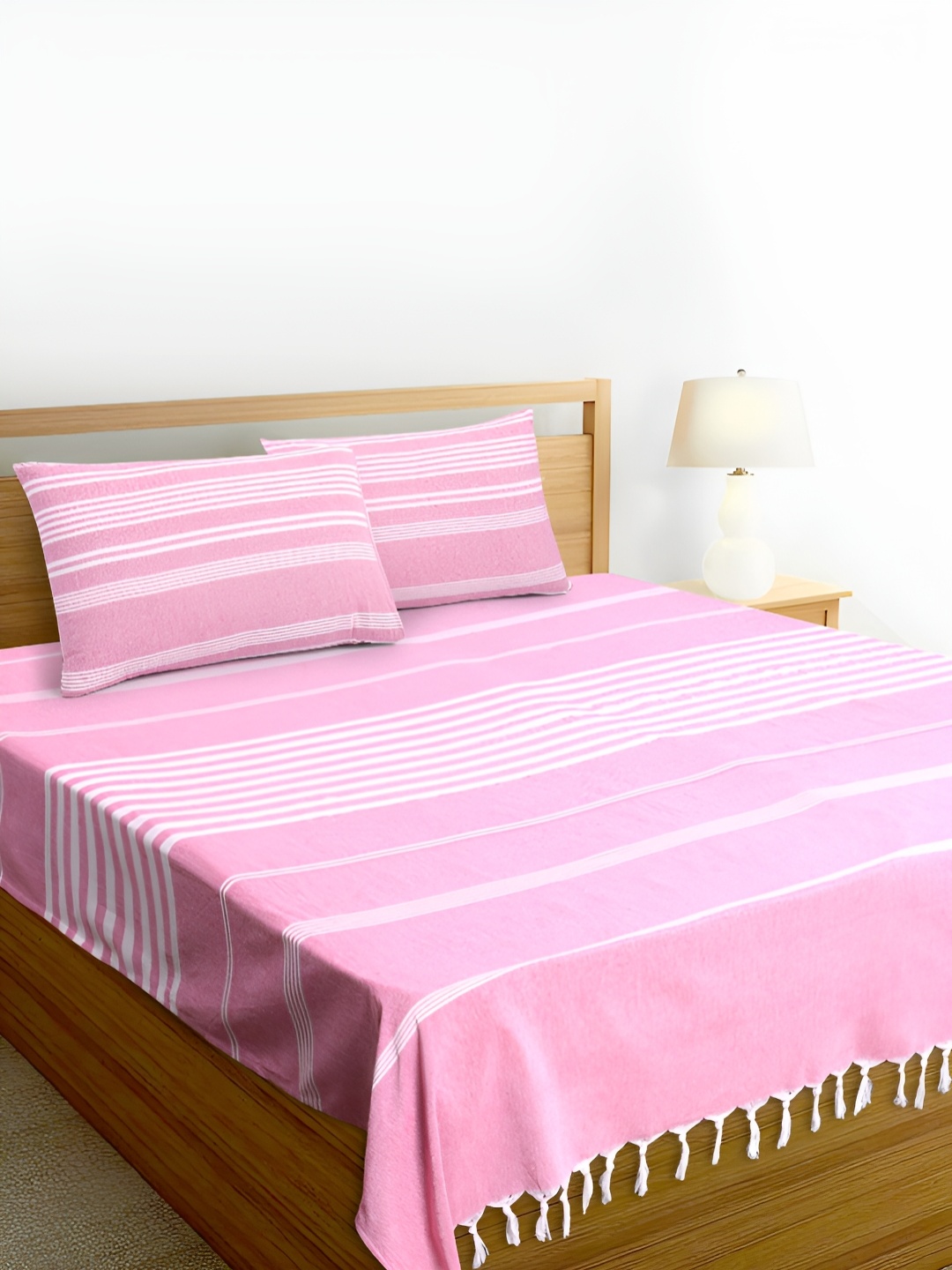 Aura Pink & White Striped Pure Handloom Cotton with Tassels Thick Yarn 180 TC King Bedsheet with 2 Pillow Covers Set
Aura Pink & White Striped Pure Handloom Cotton with Tassels Thick Yarn 180 TC King Bedsheet with 2 Pillow Covers Set
