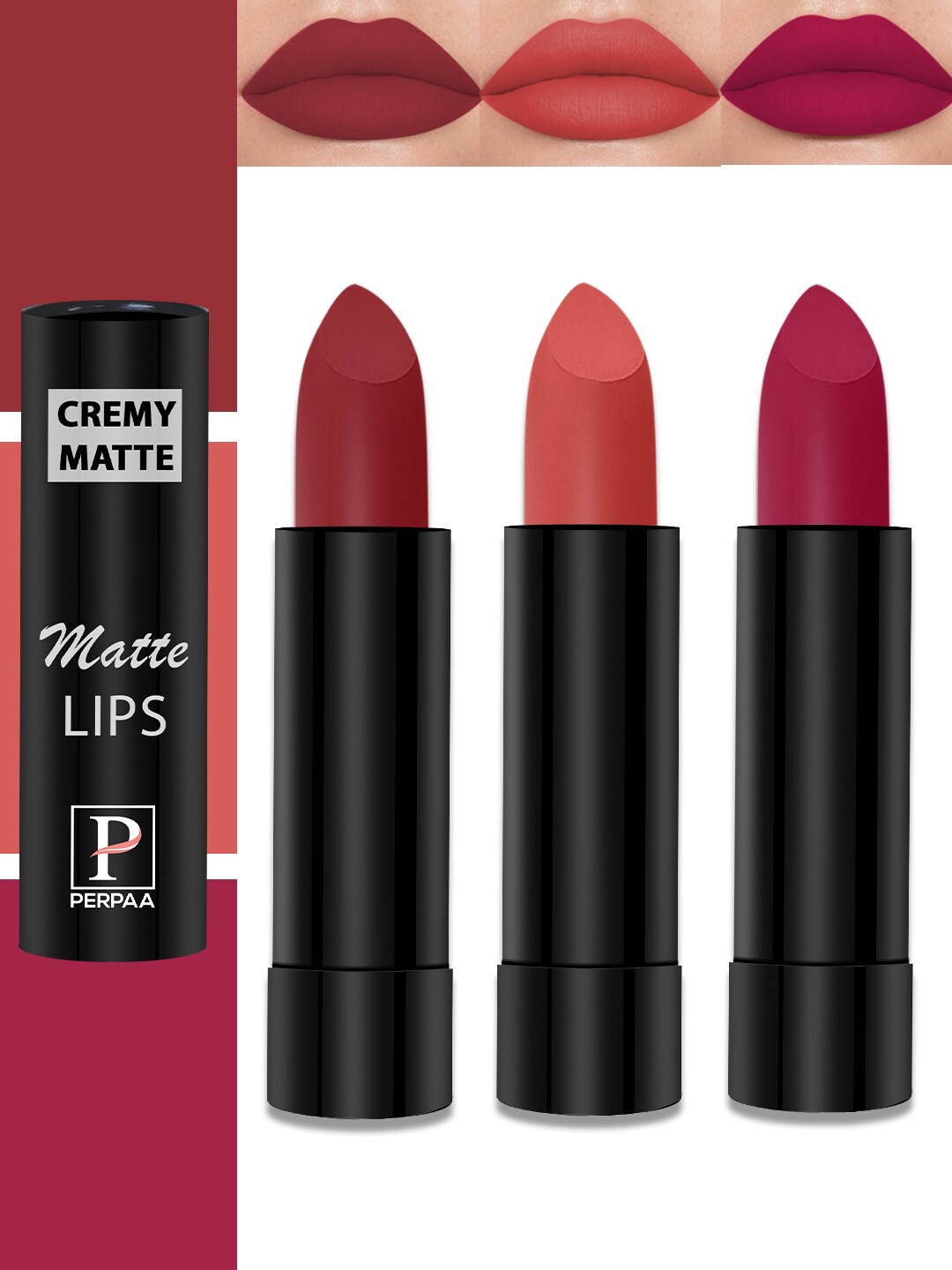 PERPAA Cremy Matte Set Of 3 Lipstick With Jojoba Oil- 3.5g Each-Magenta-Crimson Red-Orange, Multi
PERPAA Cremy Matte Set Of 3 Lipstick With Jojoba Oil- 3.5g Each-Magenta-Crimson Red-Orange, Multi