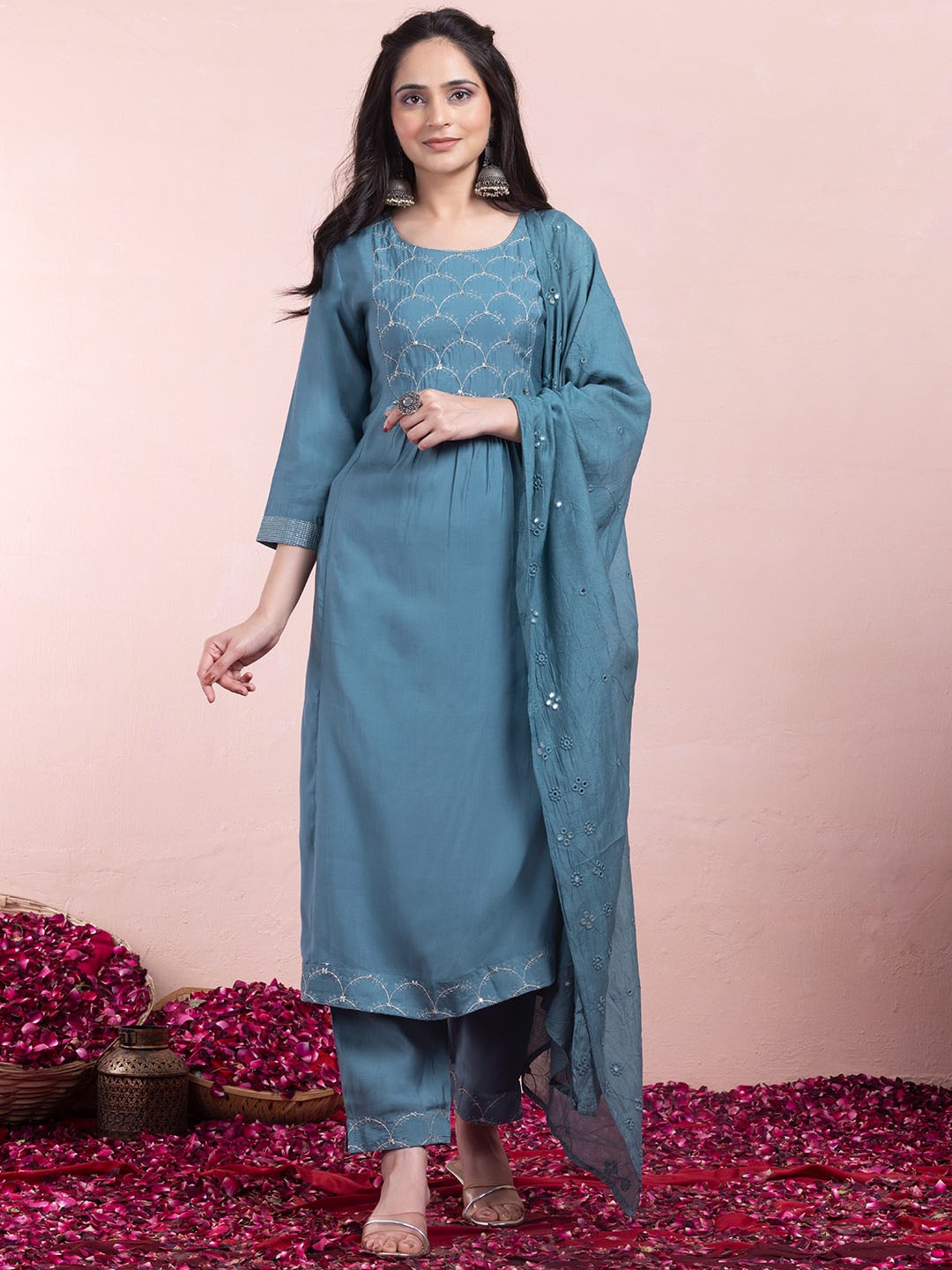 INDYA Embroidered A-Line Kurta With Trouser & Dupatta Sets, Green