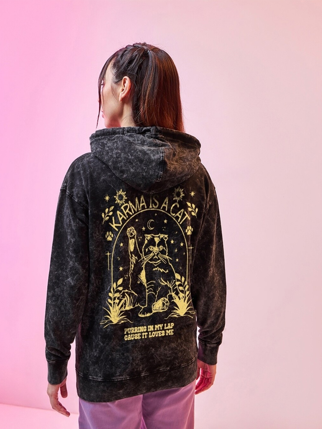 Bewakoof Heavy Duty 1.0 Women Karma Is A Cat Graphic Printed Oversized Acid Wash Hoodies, Black
Bewakoof Heavy Duty 1.0 Women Karma Is A Cat Graphic Printed Oversized Acid Wash Hoodies, Black