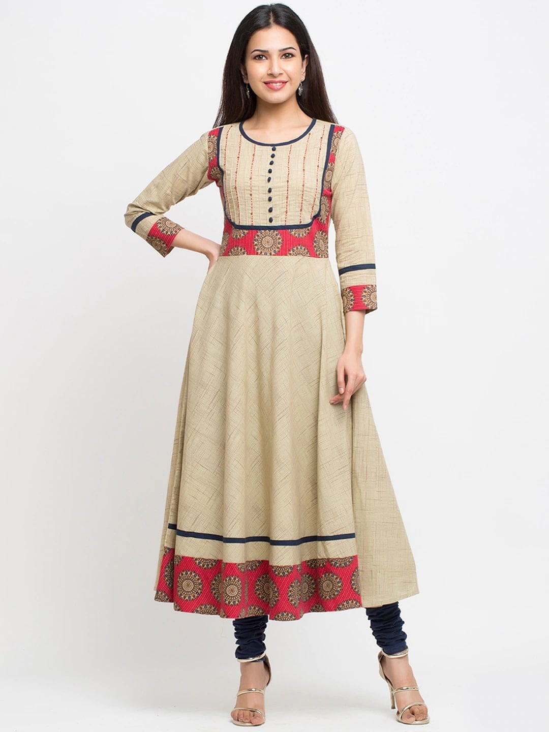 KALINI Yoke Design Ethnic Motifs Printed Cotton Round Neck Sequinned Anarkali Kurta, Beige
KALINI Yoke Design Ethnic Motifs Printed Cotton Round Neck Sequinned Anarkali Kurta, Beige