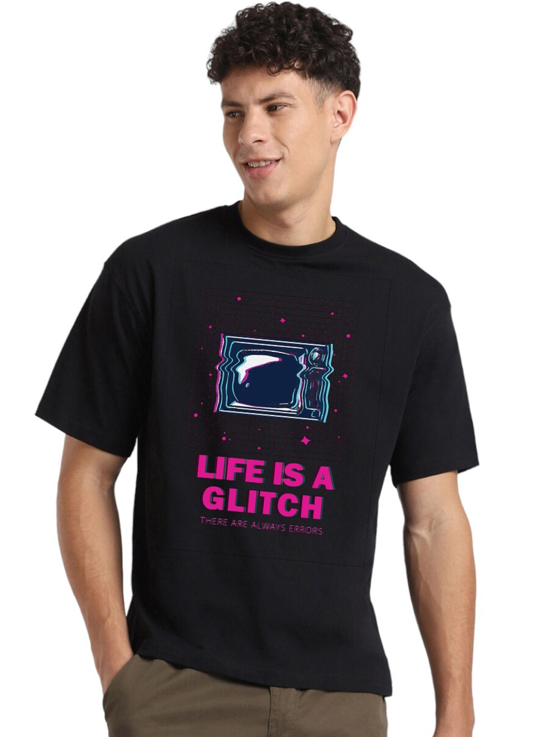 NOBERO Life Is A Glitch Graphic Printed Drop-Shoulder Sleeves Cotton Oversized T-shirt, Black
NOBERO Life Is A Glitch Graphic Printed Drop-Shoulder Sleeves Cotton Oversized T-shirt, Black