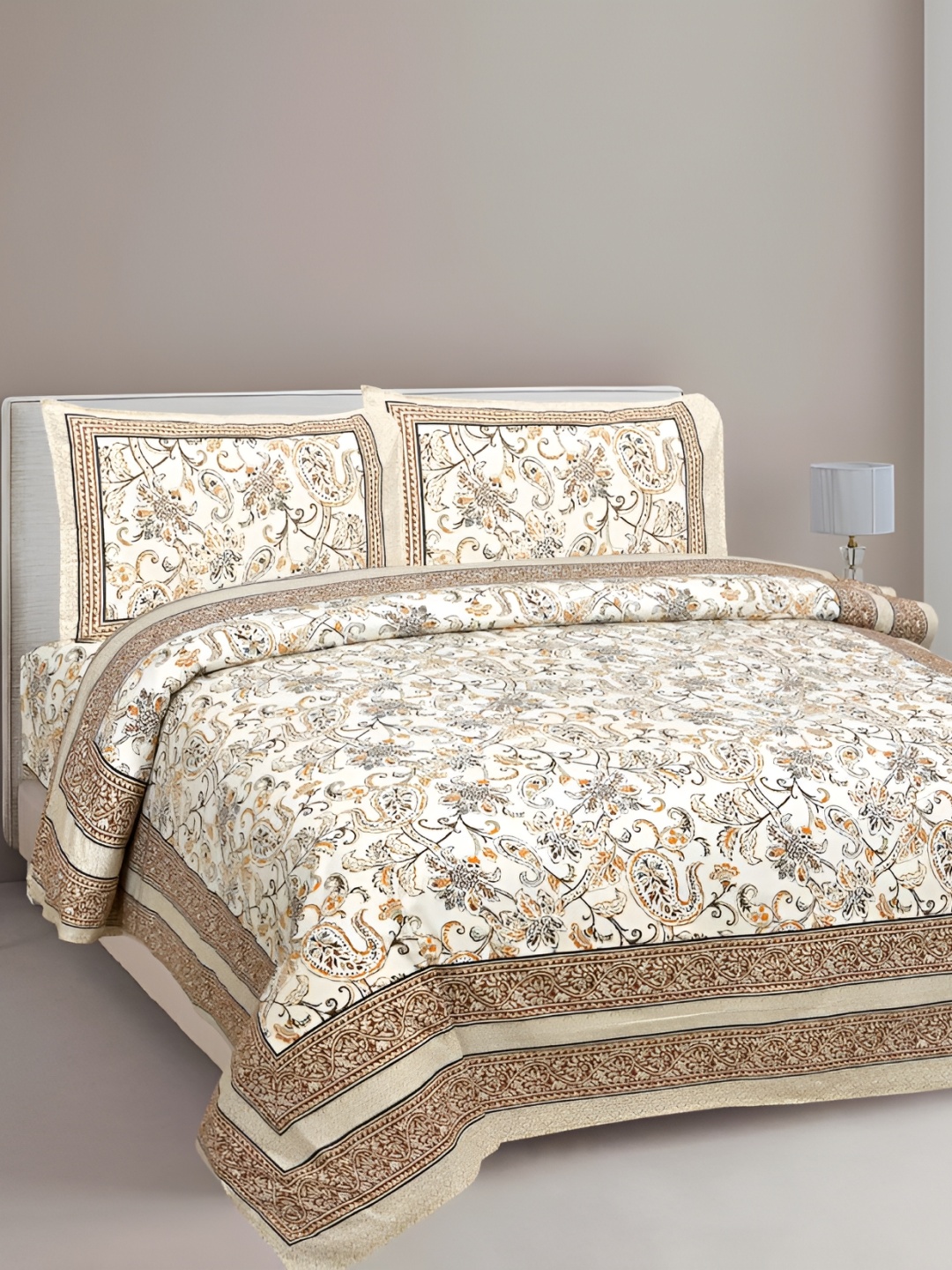 JAIPUR FABRIC White & Brown Floral Cotton 210 TC King Bedsheet With 2 Pillow Covers
JAIPUR FABRIC White & Brown Floral Cotton 210 TC King Bedsheet With 2 Pillow Covers