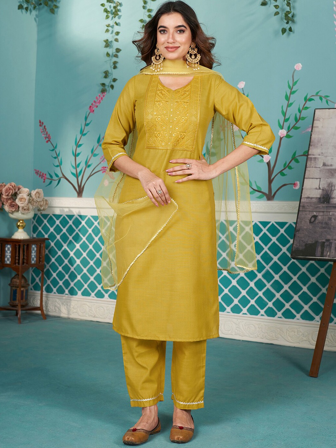 KALINI Women Ethnic Motifs Yoke Design Regular Sequinned Kurta with Trousers & With Dupatta, Yellow
KALINI Women Ethnic Motifs Yoke Design Regular Sequinned Kurta with Trousers & With Dupatta, Yellow