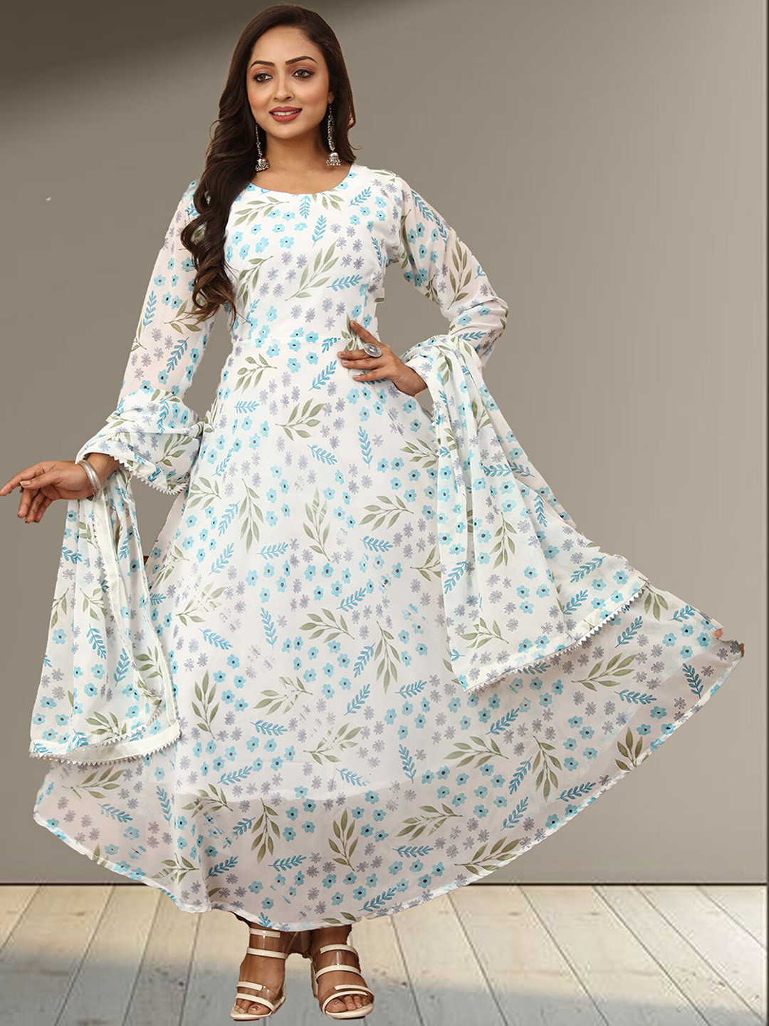 N N ENTERPRISE Floral Printed Fit & Flare Georgette Anarkali Ethnic Dress With Dupatta, White
N N ENTERPRISE Floral Printed Fit & Flare Georgette Anarkali Ethnic Dress With Dupatta, White