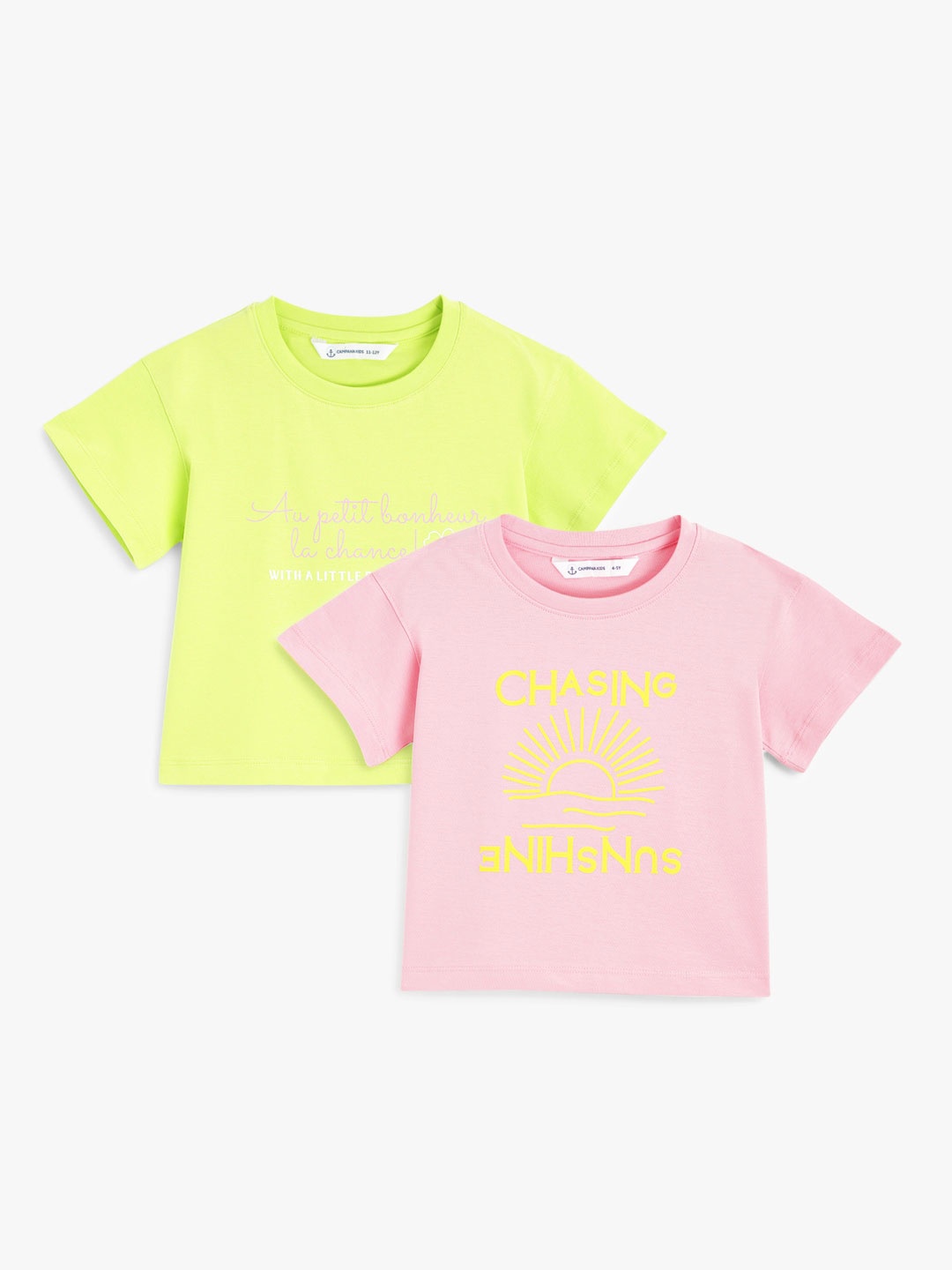 Campana Girls Pack Of 2 Typography Printed Relaxed Fit Pure Cotton Cropped T-shirts, Lime green
Campana Girls Pack Of 2 Typography Printed Relaxed Fit Pure Cotton Cropped T-shirts, Lime green