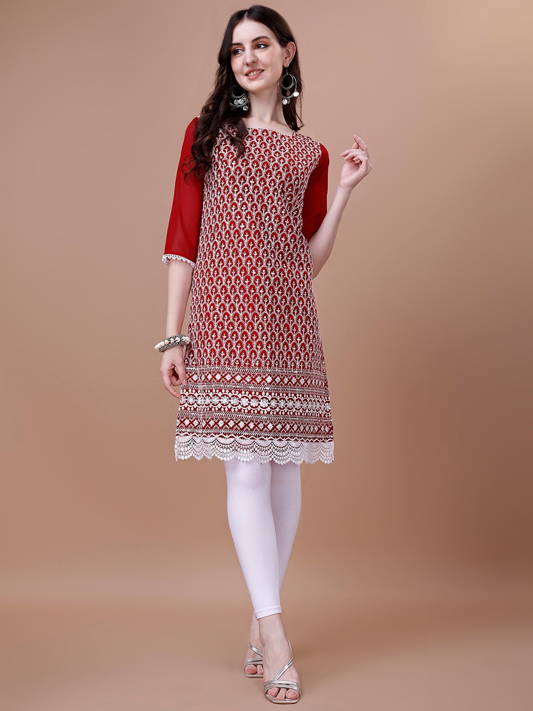 KALINI Geometric Printed Boat Neck Thread Work Georgette Kurta, Red