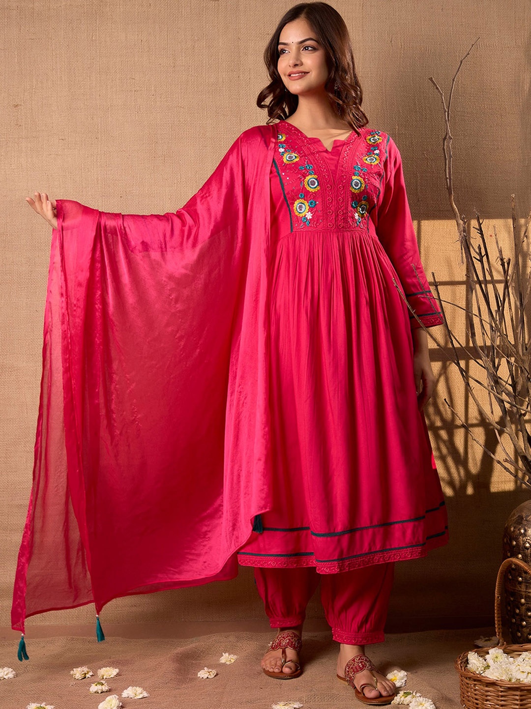 CKM Notch Neck Floral Embroidered Empire Anarkali Kurta with Trousers & Dupatta, Pink
CKM Notch Neck Floral Embroidered Empire Anarkali Kurta with Trousers & Dupatta, Pink