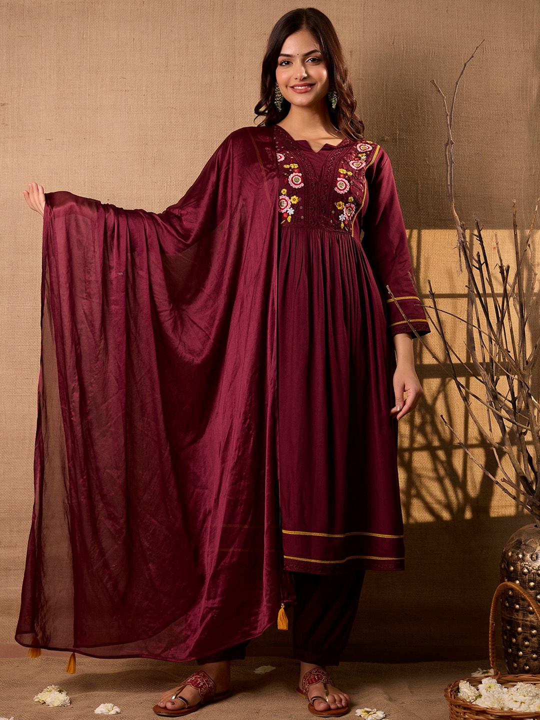 CKM Notch Neck Floral Embroidered Regular Anarkali Kurta with Trousers & Dupatta, Maroon
CKM Notch Neck Floral Embroidered Regular Anarkali Kurta with Trousers & Dupatta, Maroon