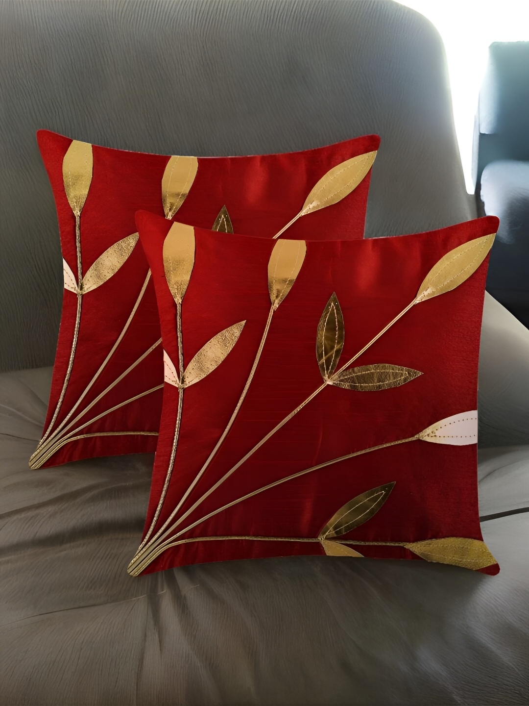 First Row Red & Brown 2 Pieces Floral Square Cushion Covers