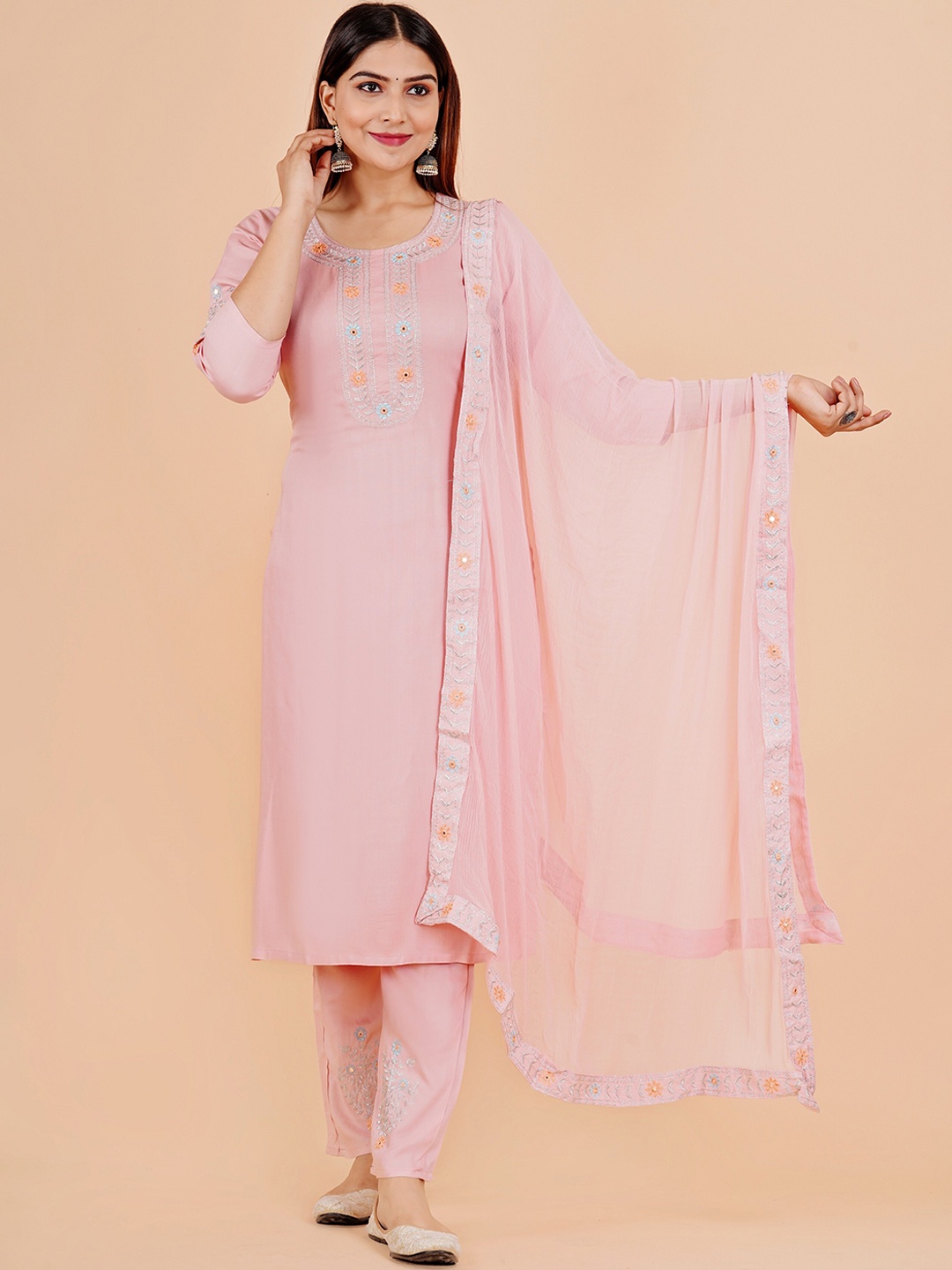 ASHRU Women Embroidered Regular Mirror Work Kurti with Trousers & With Dupatta, Peach
ASHRU Women Embroidered Regular Mirror Work Kurti with Trousers & With Dupatta, Peach
