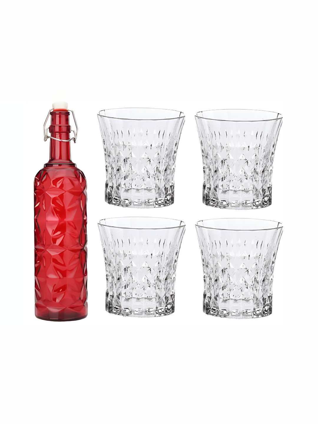 1ST TIME Red & Transparent 5 Pcs Textured Glass Dishwasher Safe Water Bottle & Glasses 
1ST TIME Red & Transparent 5 Pcs Textured Glass Dishwasher Safe Water Bottle & Glasses