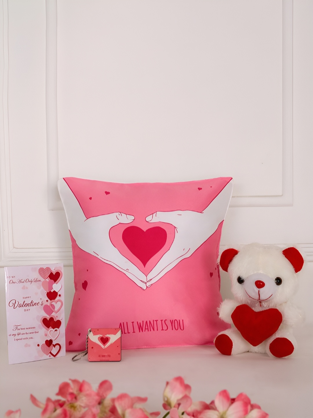 DecorTwist White & Pink 4 PcsGraphic Printed Cushion With Teddy Key Chain Home Gift Set