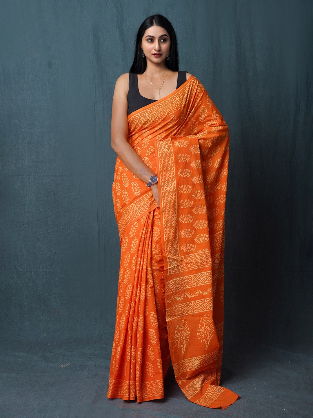 Unnati Silks Ethnic Motifs Pure Cotton Handloom Block Print Saree, Orange
Unnati Silks Ethnic Motifs Pure Cotton Handloom Block Print Saree, Orange