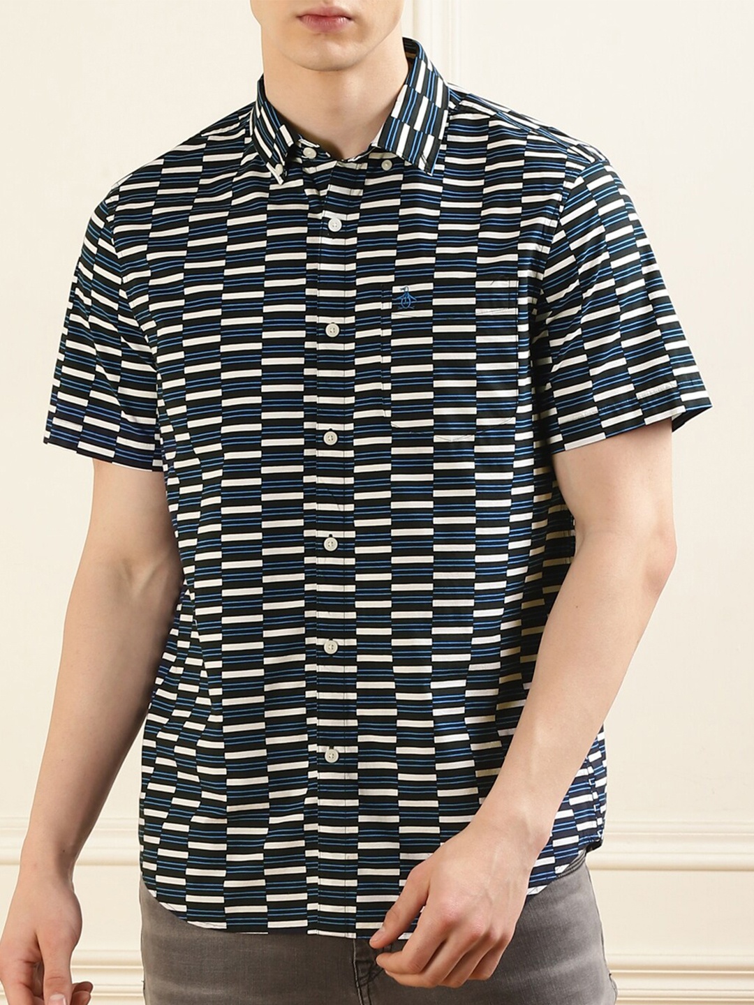 Original Penguin Geometric Printed Spread Collar Cotton Curved Slim Fit Casual Shirt, Blue
Original Penguin Geometric Printed Spread Collar Cotton Curved Slim Fit Casual Shirt, Blue