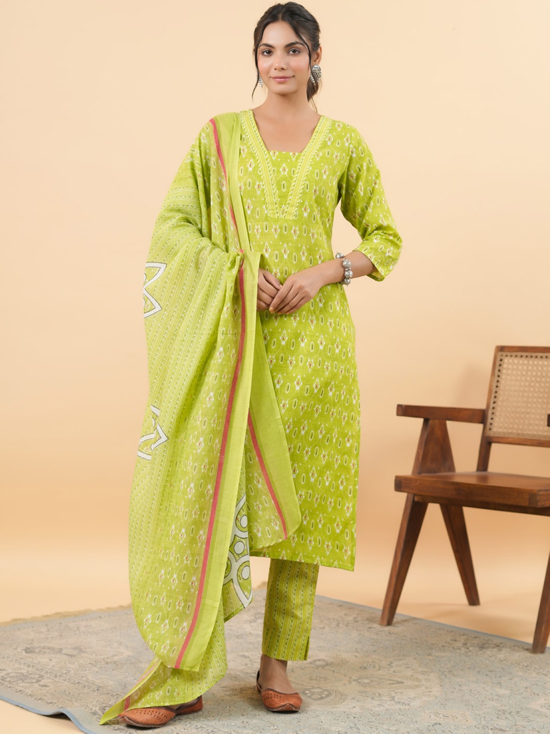 KALINI Women Printed Regular Pure Cotton Kurta with Trousers & With Dupatta, Green
KALINI Women Printed Regular Pure Cotton Kurta with Trousers & With Dupatta, Green